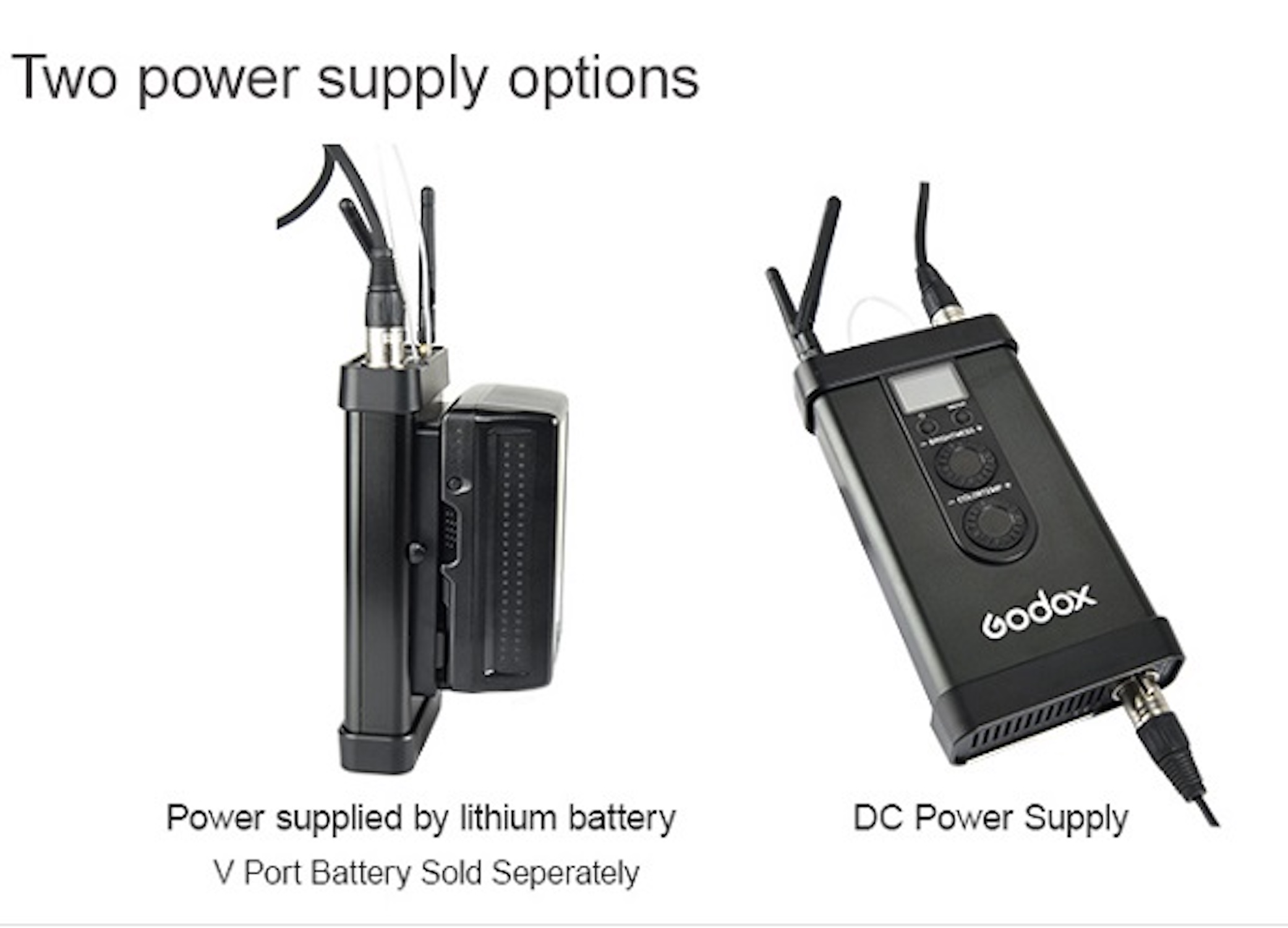 Deux appareils noirs, l'un avec une batterie au lithium et l'autre avec une alimentation CC.
