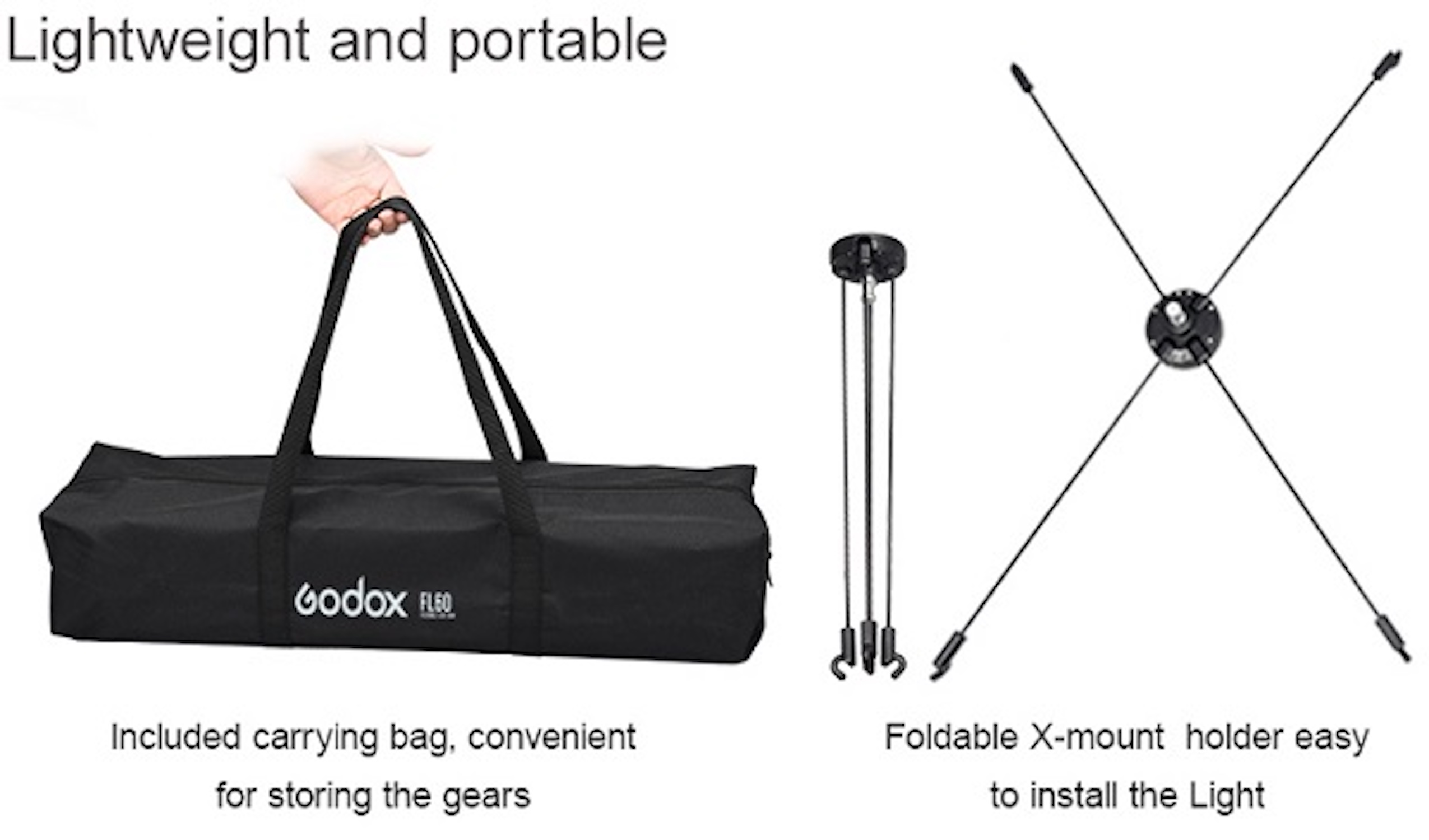 Un sac de transport noir et un support X-mount pliable pour une lumière.