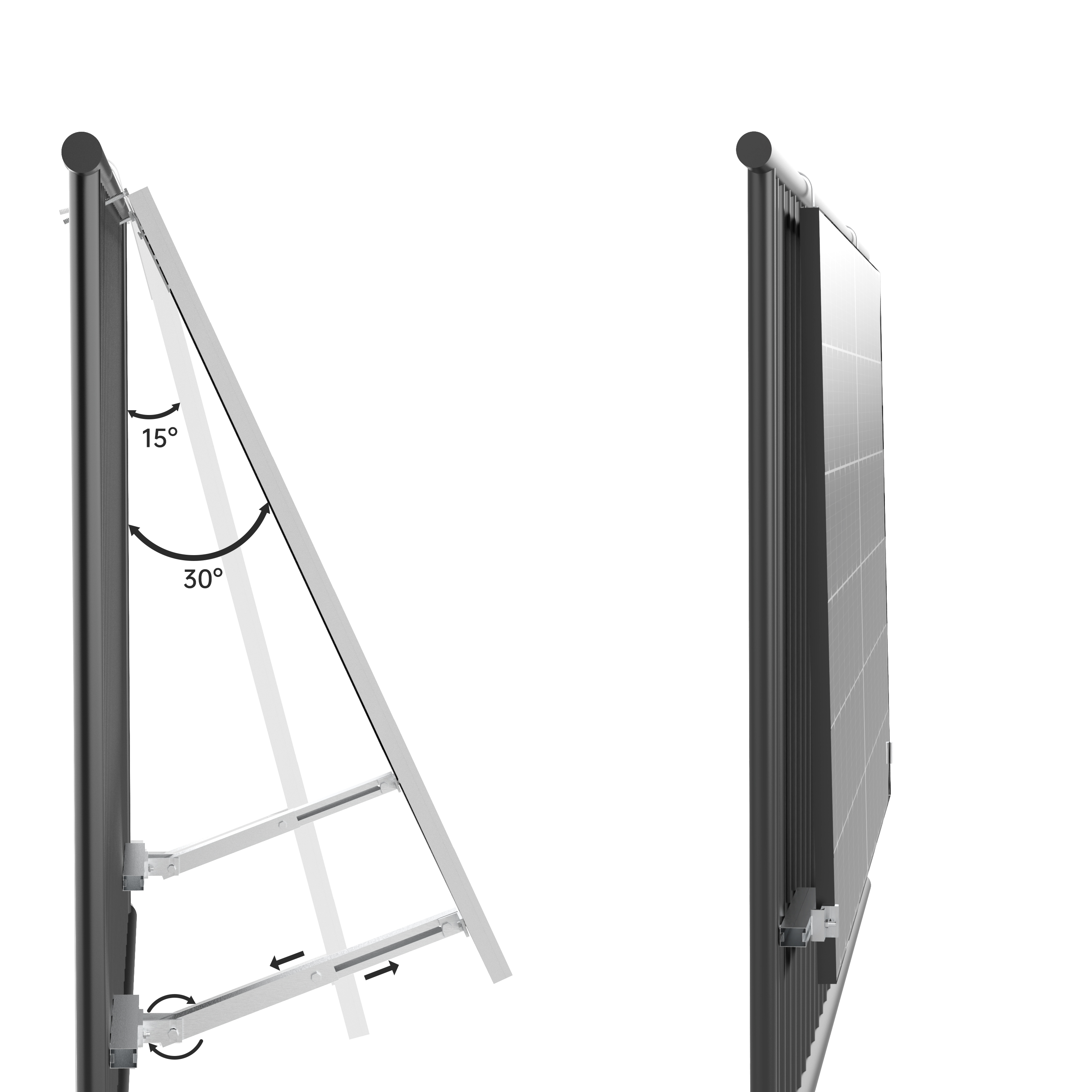 Solarpanel-Montagesystem mit Winkelanzeigen, vor weißem Hintergrund.
