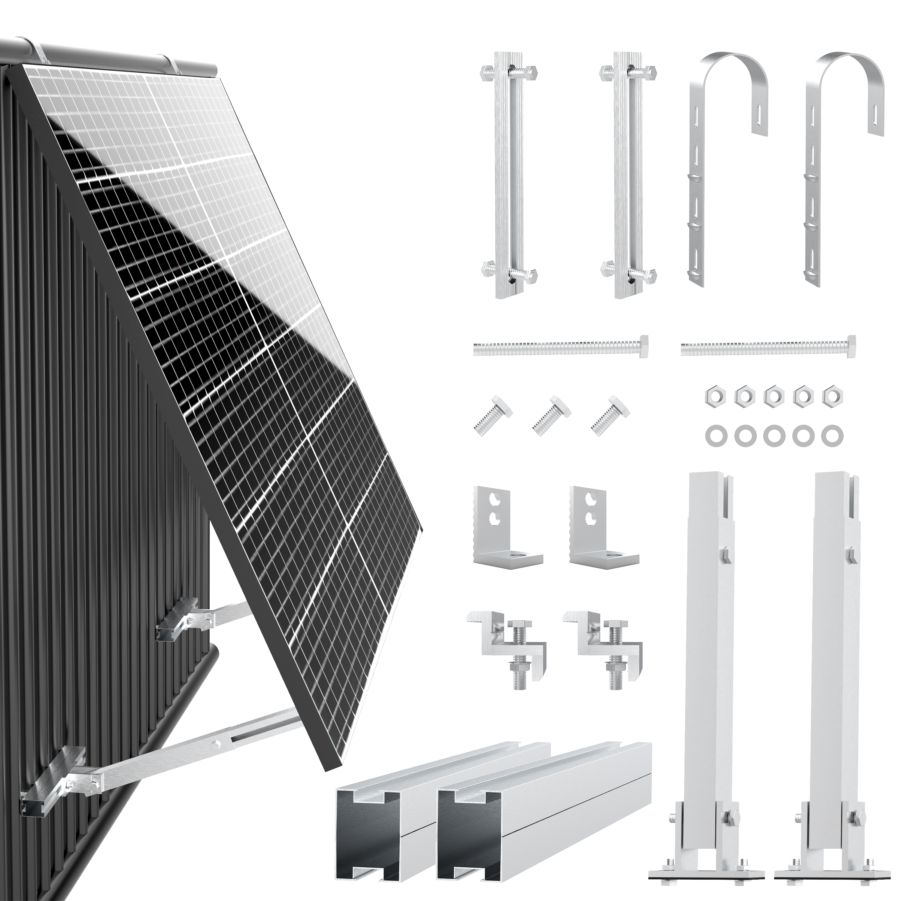 Komponenten zur Installation von Solarmodulen. Enthält Paneele, Montagehalterungen, Schrauben und Stützpfosten.