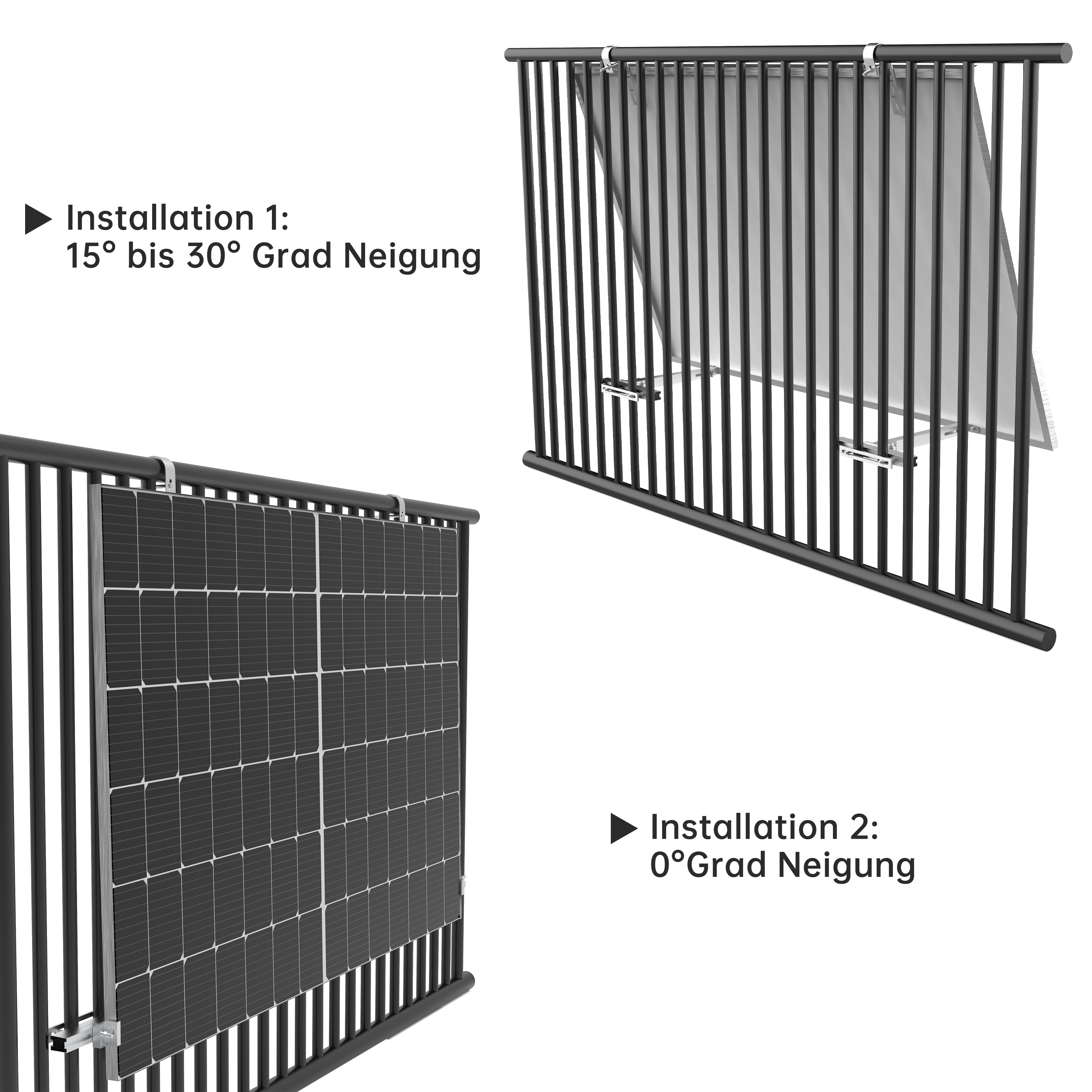 Solarpaneele an einem schwarzen Zaun mit silberner Halterung, mit einer angewinkelten und flachen Ansicht.