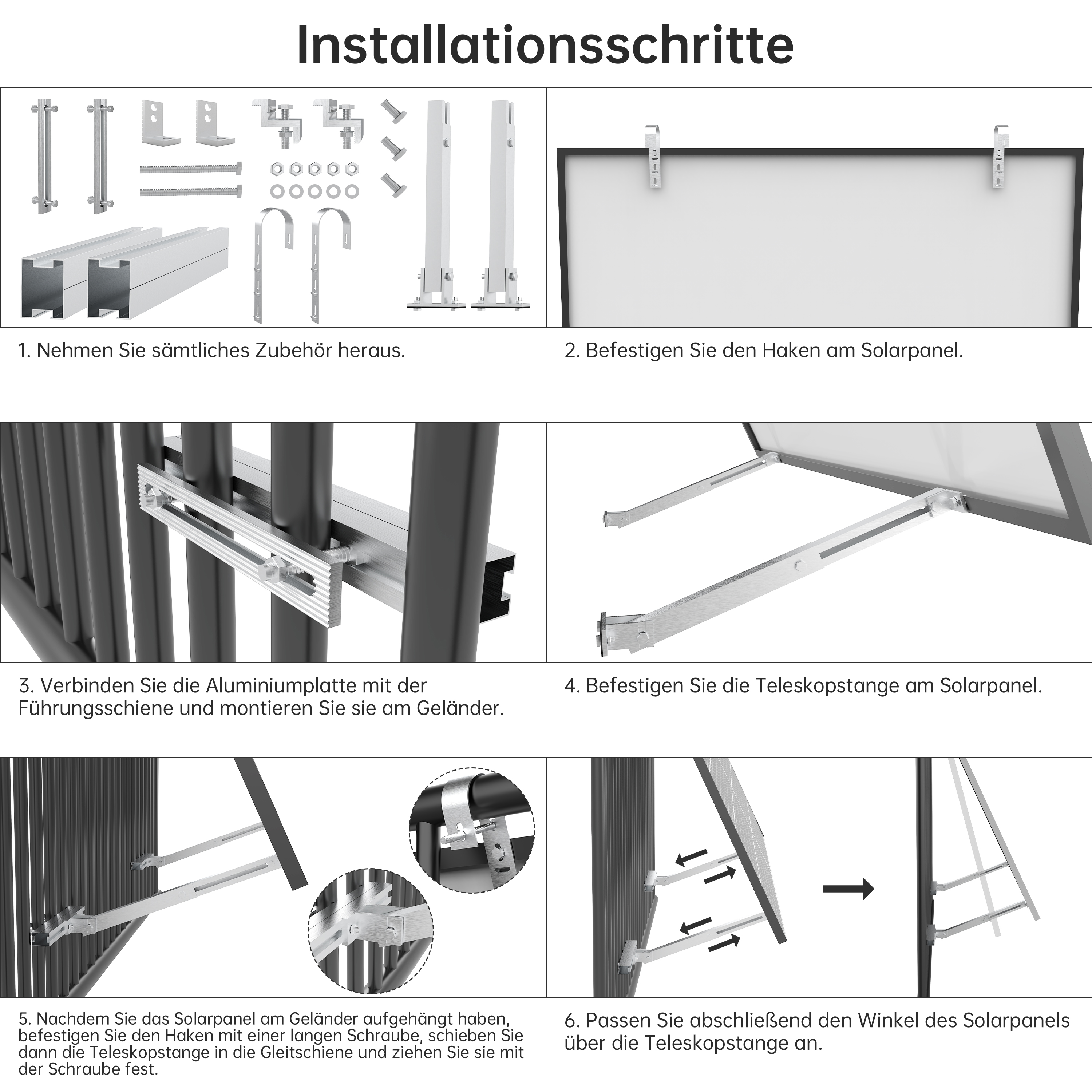 Schritt-für-Schritt-Installationsanleitung mit Bildern, die die Montage eines Solarpanelrahmens zeigen.