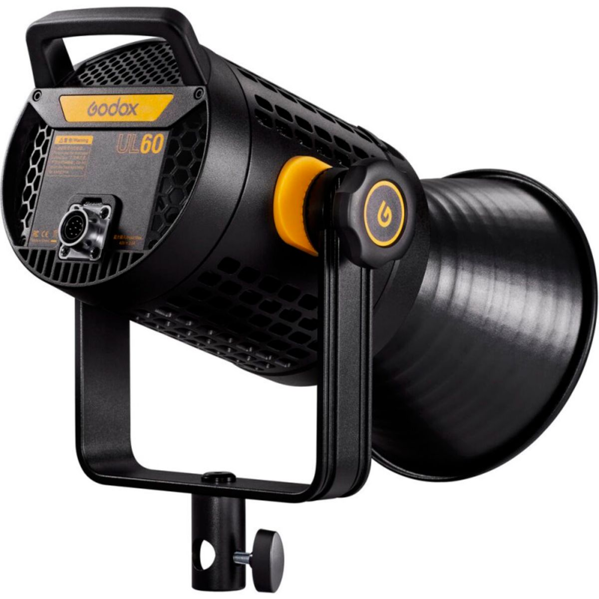 Schwarz-gelbes Studio-Licht mit Ständer, schwarzer Hintergrund. Godox UL60-Etikett sichtbar.