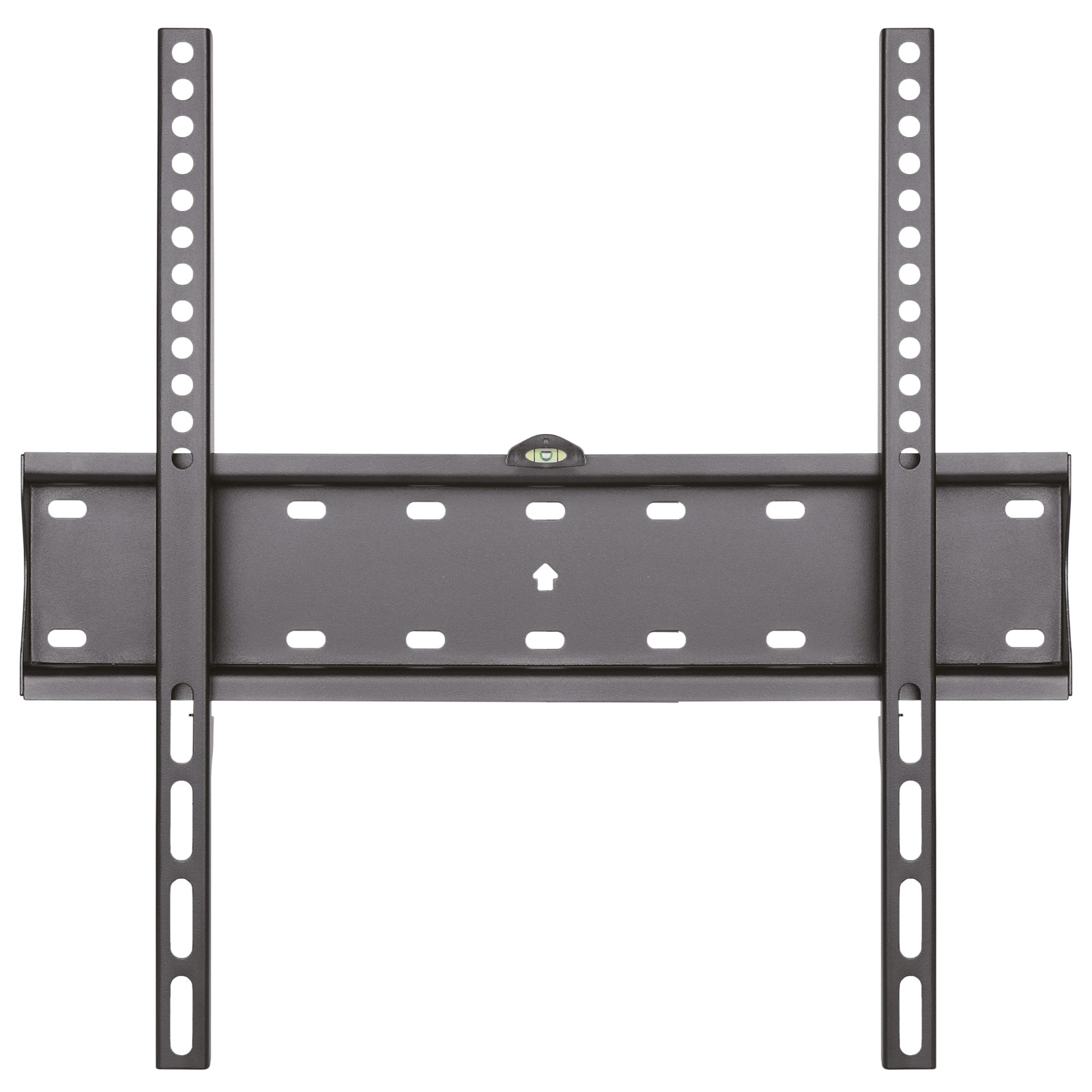 Eine schwarze TV-Wandhalterung mit Montagearmen mit Löchern und einer Wasserwaage.