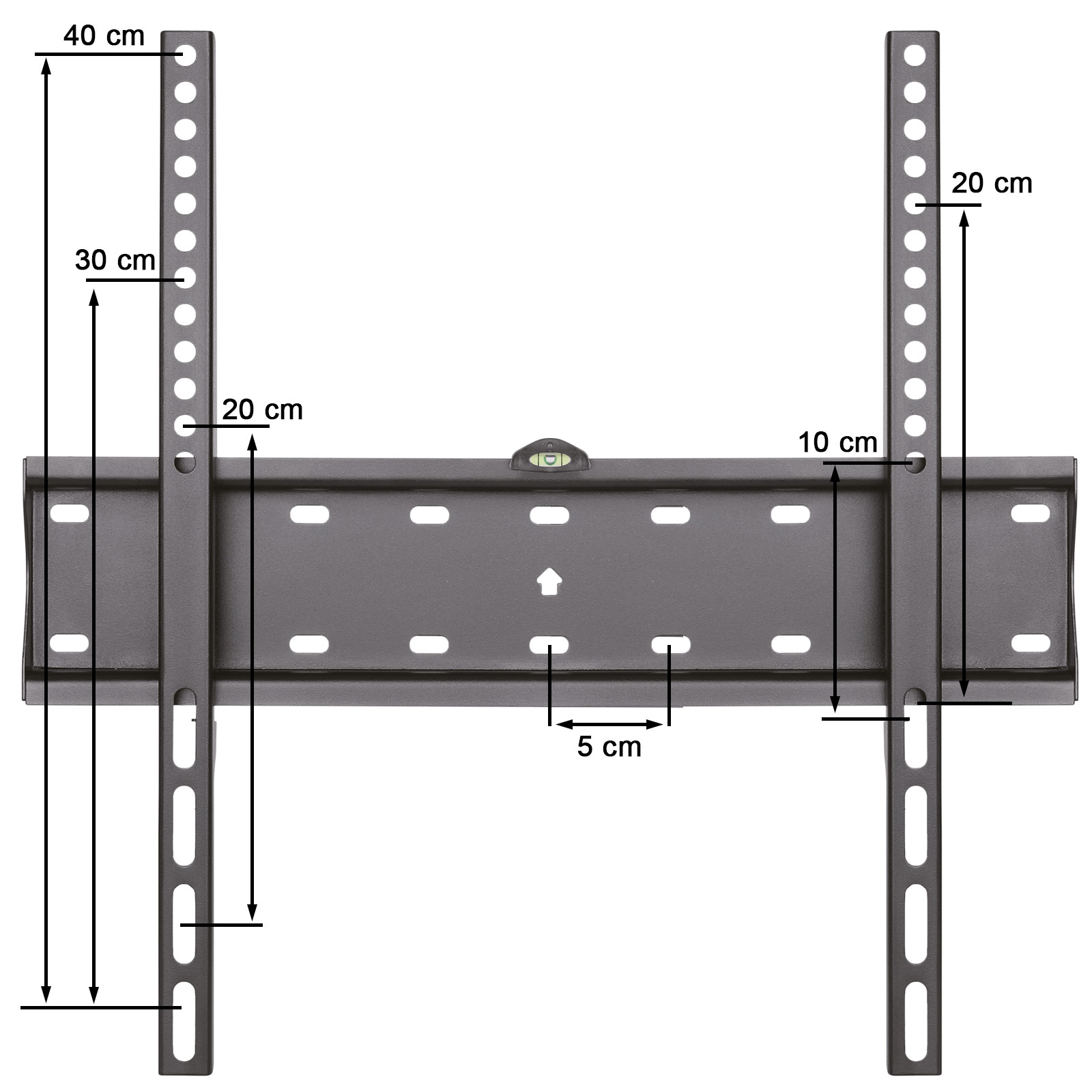 Eine schwarze TV-Halterung mit Markierungen. Es ist eine Metallkonstruktion.