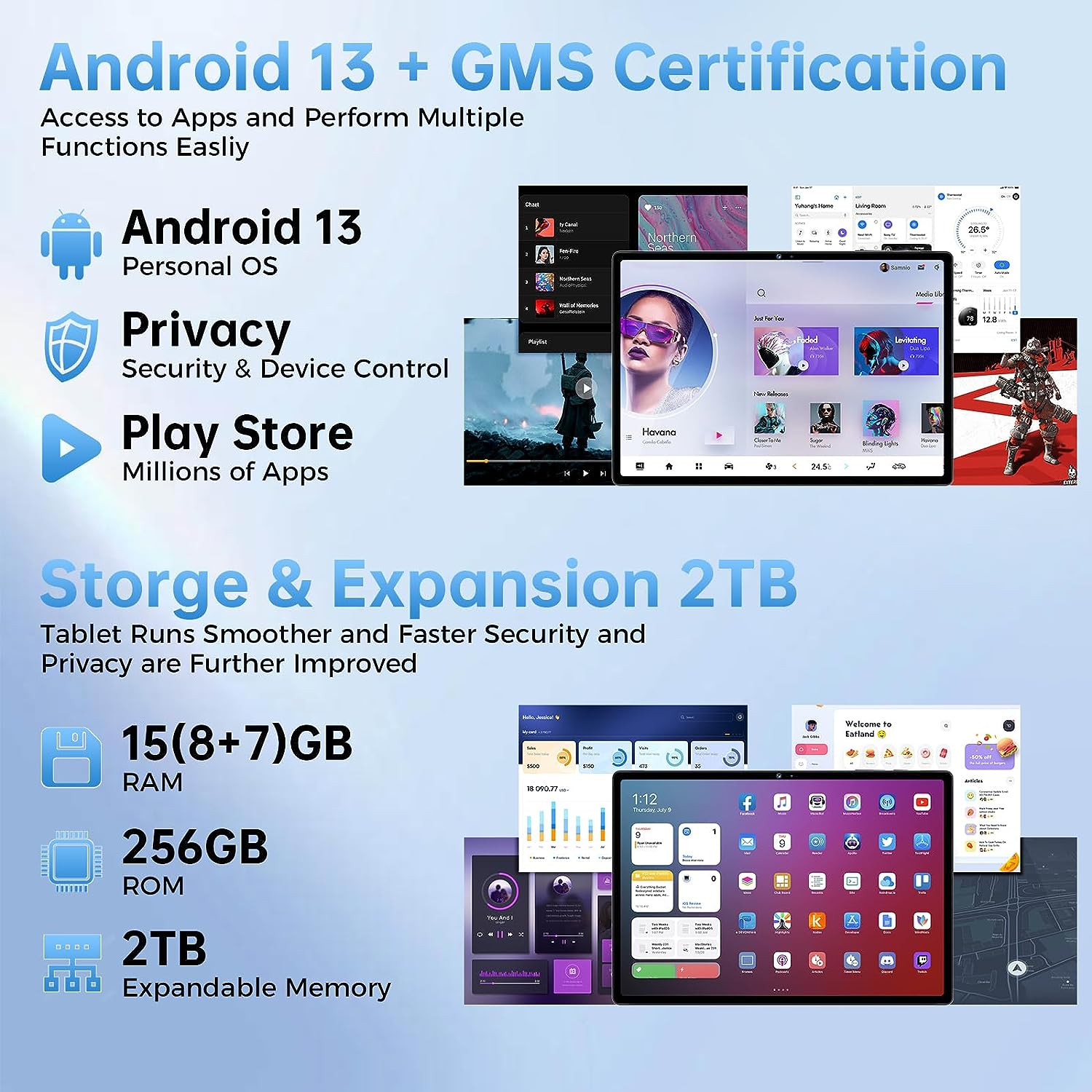 Tablet con testo su Android 13, privacy e archiviazione. Un tablet con schermo è visibile.
