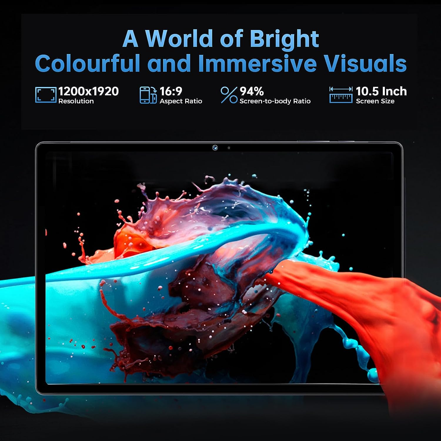 Un tablet con una schermata iniziale colorata. Testo: A World of Bright, Colourful and Immersive Visuals.