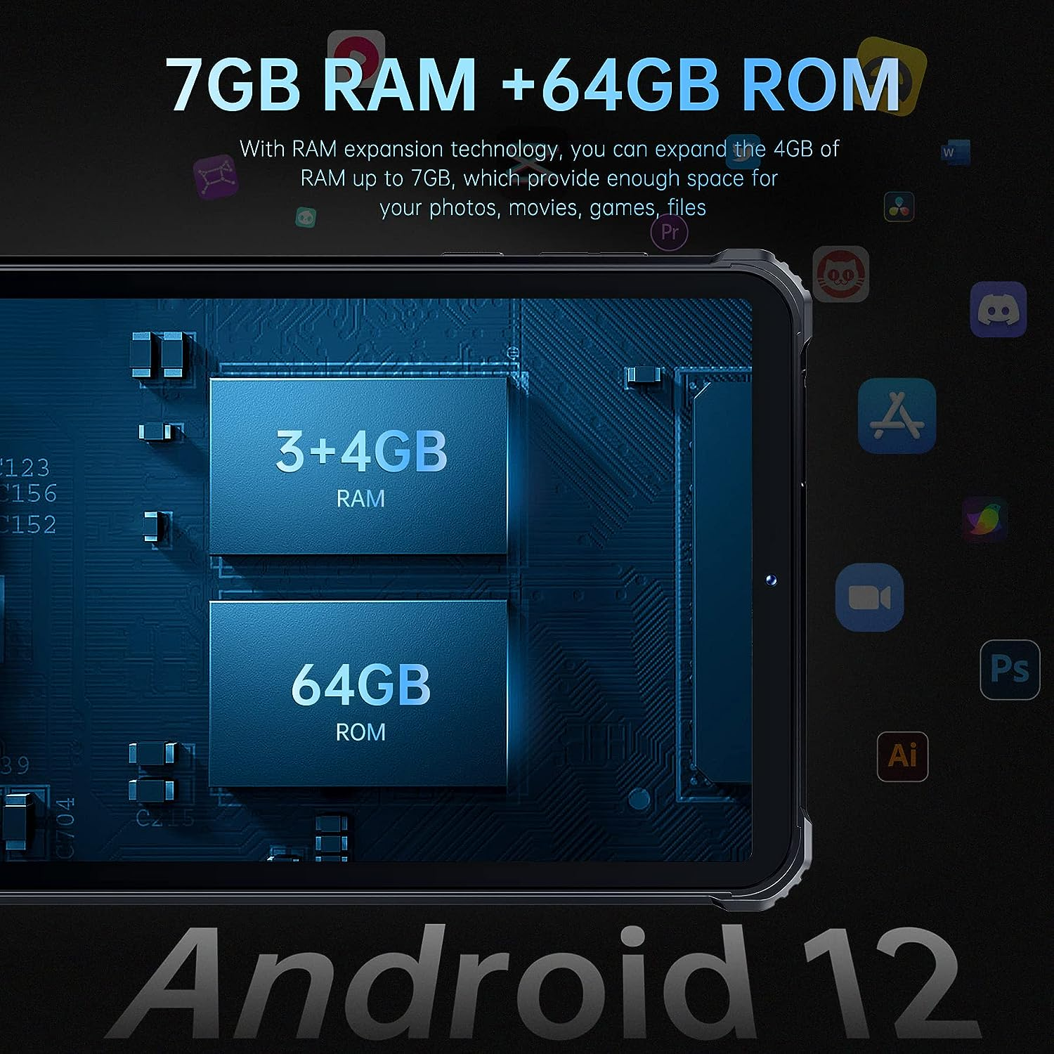 OUKITEL RT3 7GB+64GB 5150mAh Android Mini 8 GB, Schwarz Outdoor, 64 Zoll, Tablet, 12