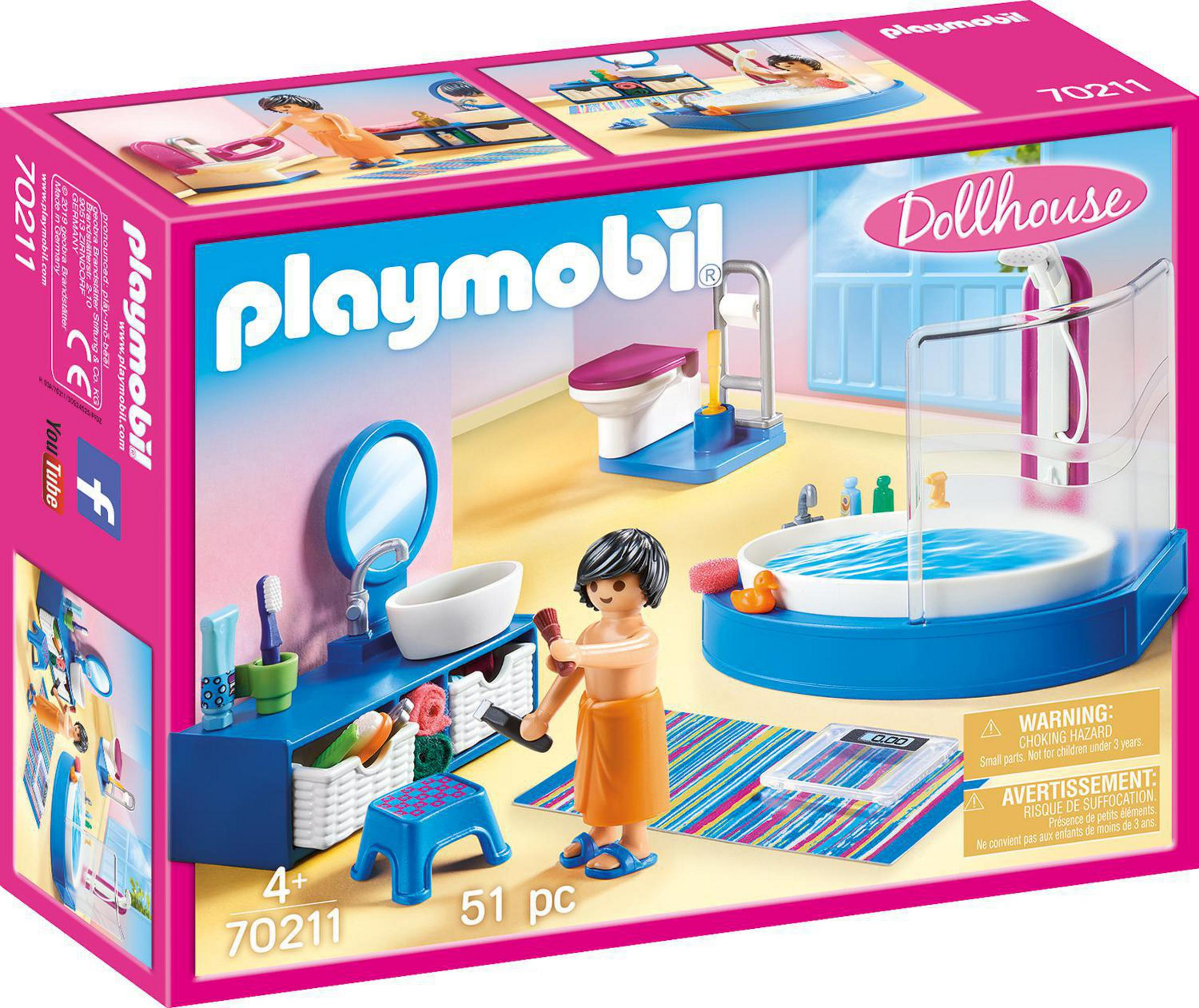 Pudełko Playmobil ze sceną łazienkową: wanna, toaleta, umywalka i figurka z ręcznikiem.