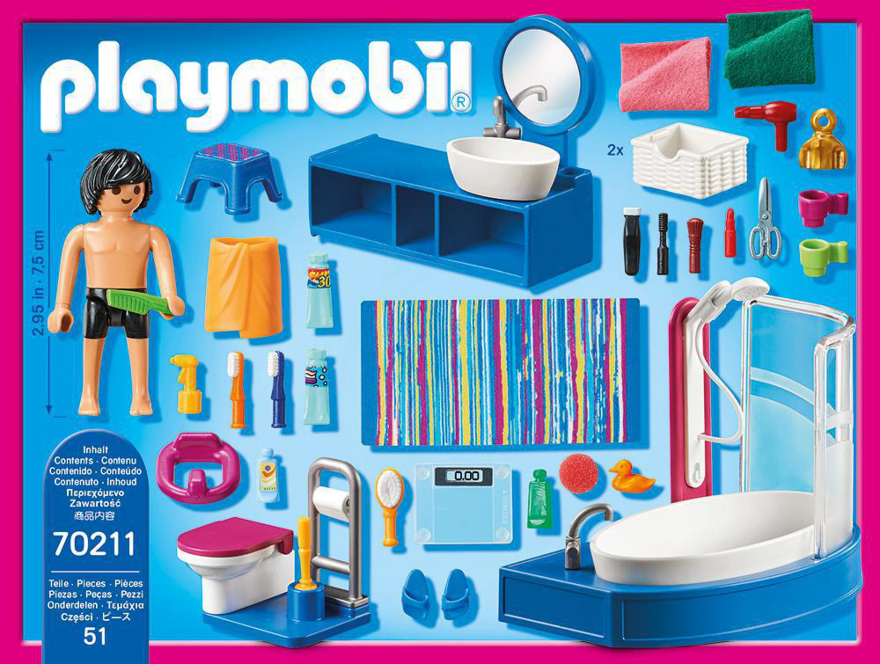 Zestaw łazienkowy Playmobil z figurkami i akcesoriami, w tym toaletą i wanną.
