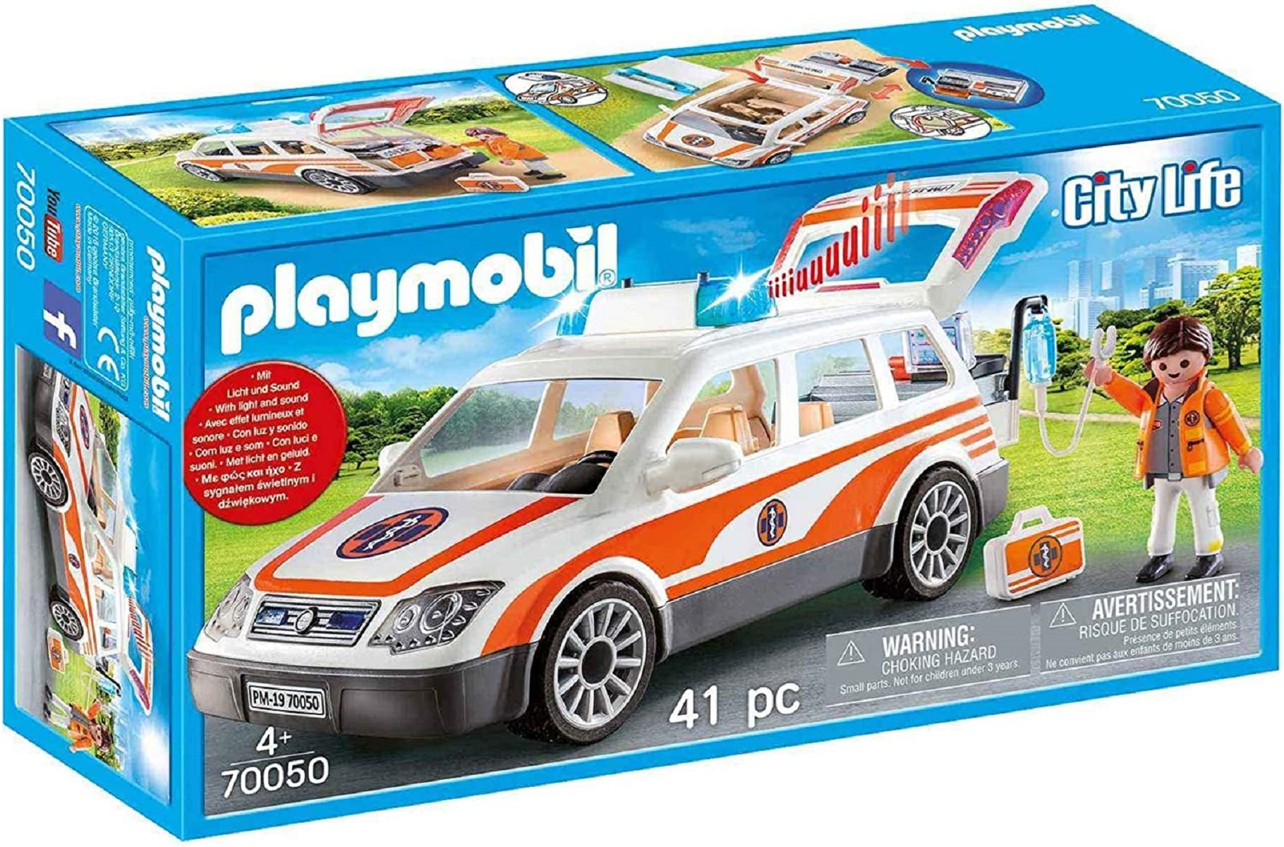 Zestaw karetki Playmobil z zabawką karetką i figurką.