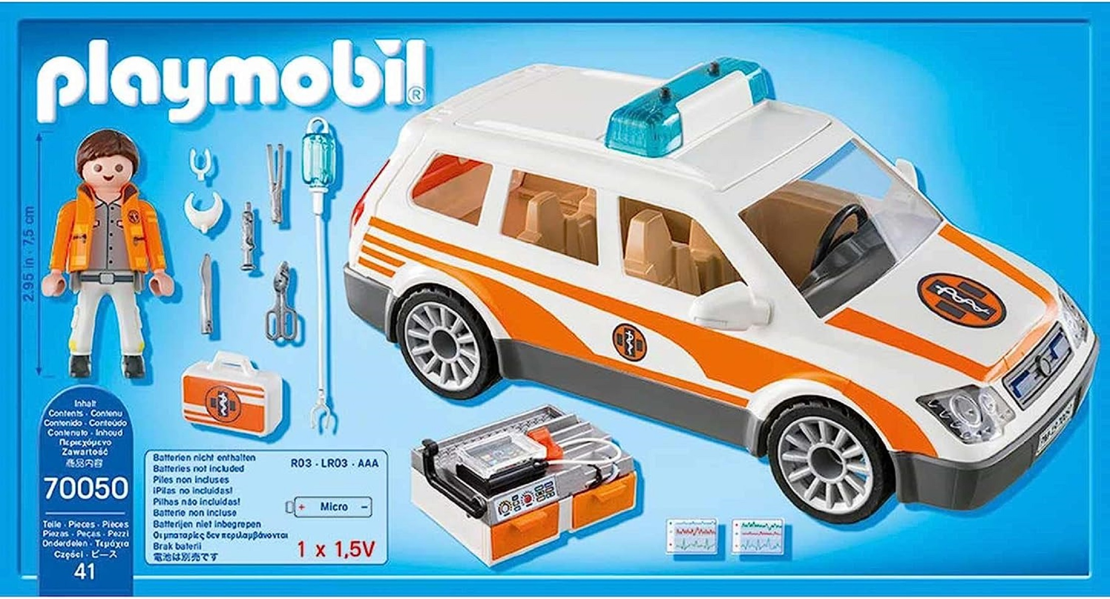 Zestaw zabawek Playmobil z karetką pogotowia. Zawiera karetkę, figurkę i akcesoria.