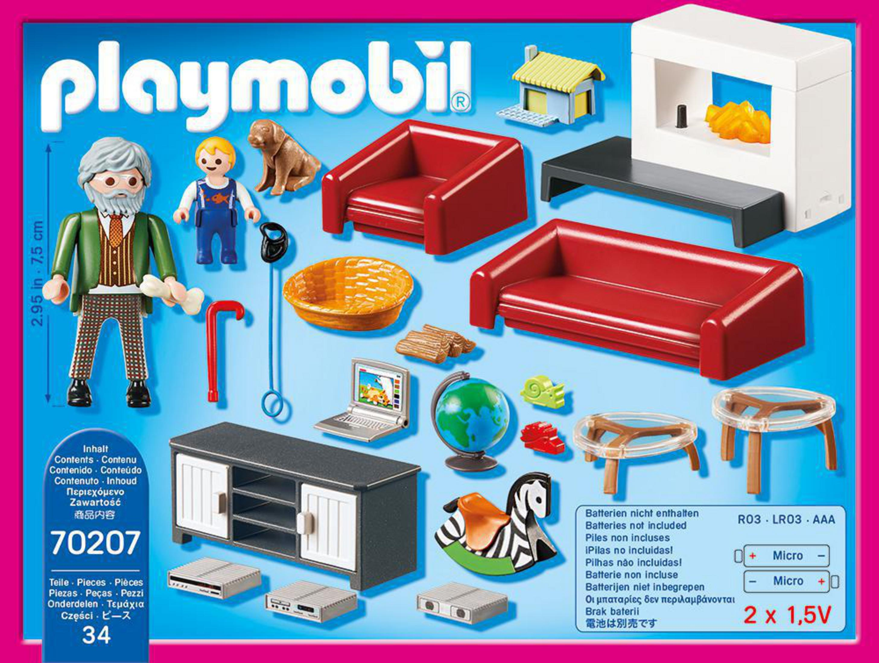 Zestaw Playmobil: figurki, meble i akcesoria. Pudełko pokazuje zawartość.