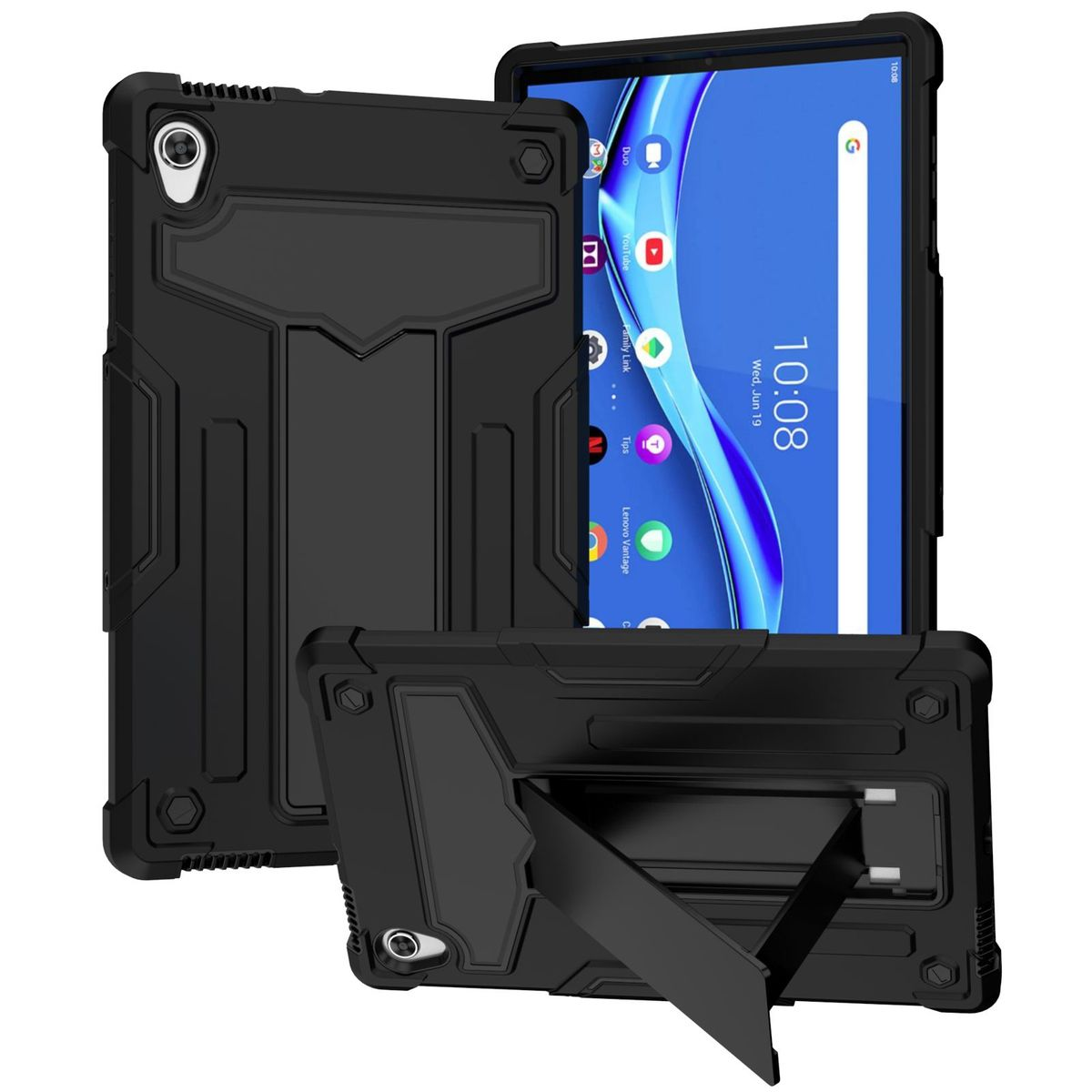 WIGENTO / Lenovo Backcover für Kunststoff, Aufstellbare Silikon Kunststoff Outdoor Tablethülle Hülle Schwarz Hybrid
