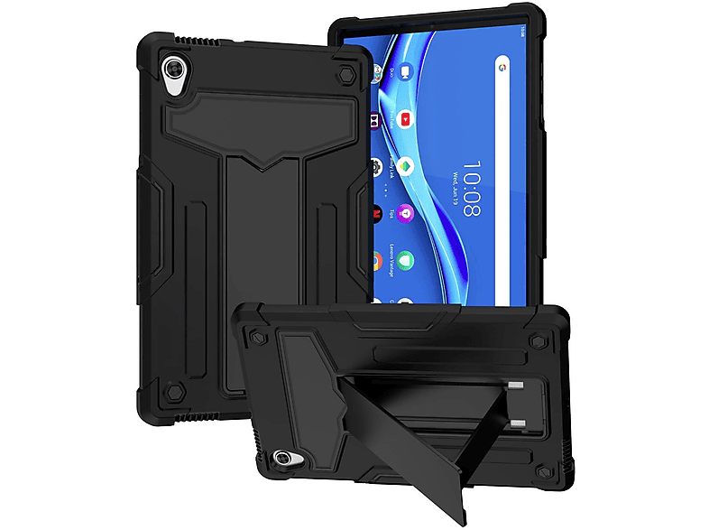 WIGENTO Aufstellbare Kunststoff / Silikon Outdoor Hybrid Hülle Tablethülle Backcover für Lenovo Kunststoff, Schwarz