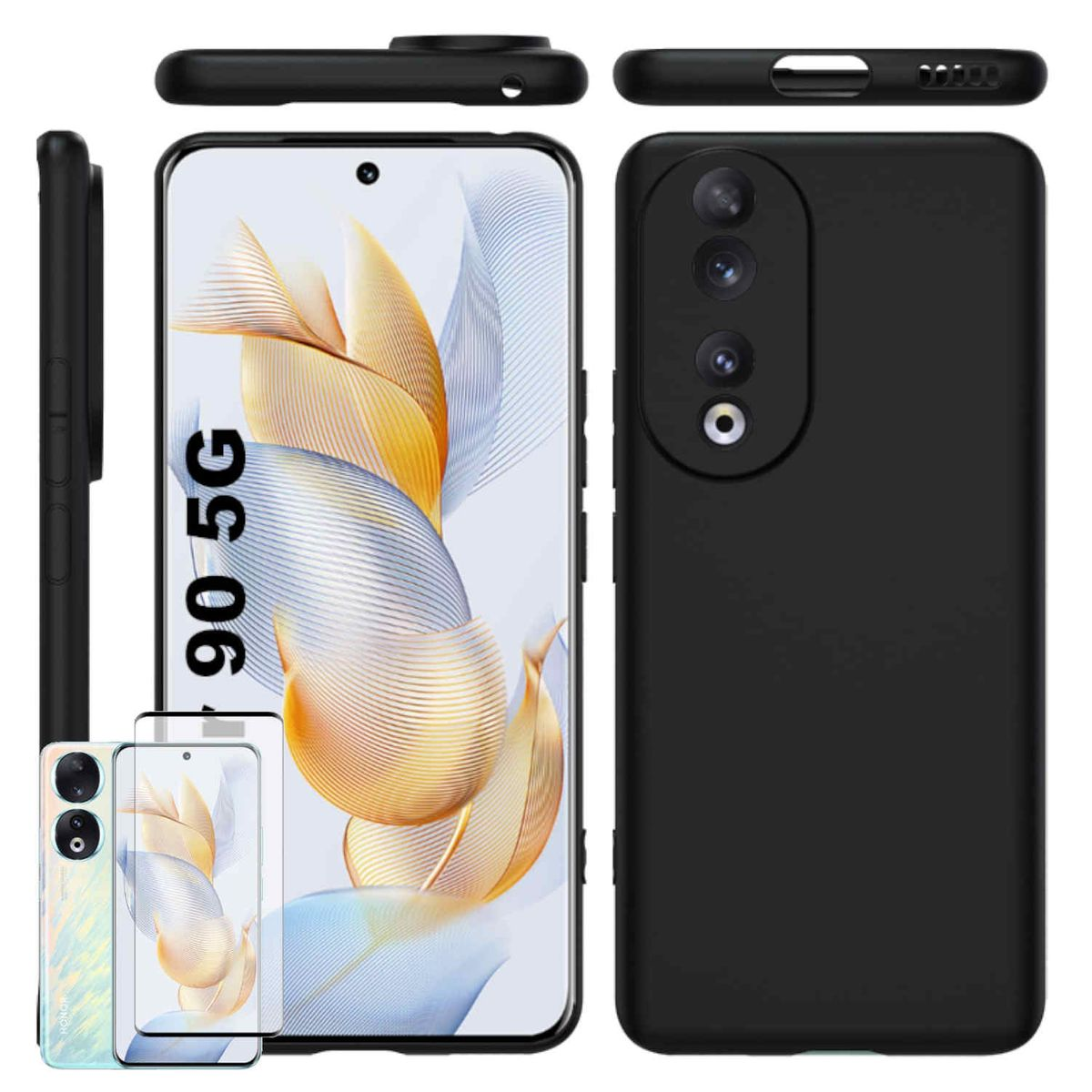 + Backcover, Honor, 90, Curved Hart WIGENTO dünn Hülle Schutz 4D Glas, Schutz TPU Silikon Schwarz