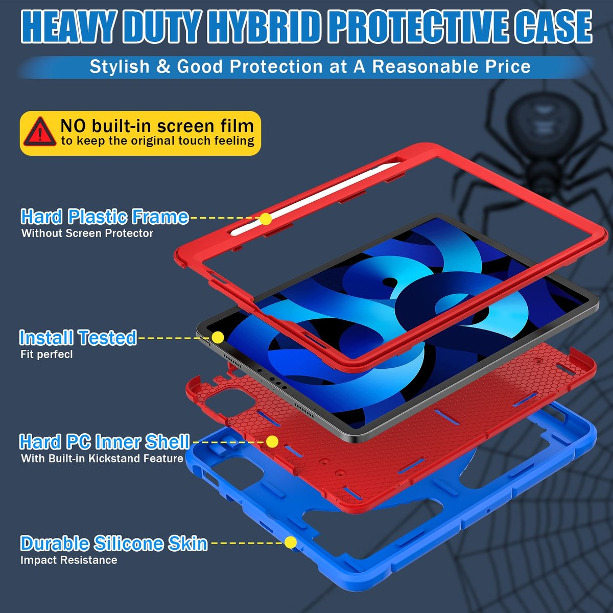 WIGENTO Outdoor Hybrid Hülle Spider Design Kunststoff Rot Tablethülle Silikon, aufstellbar Backcover Blau Apple für / 