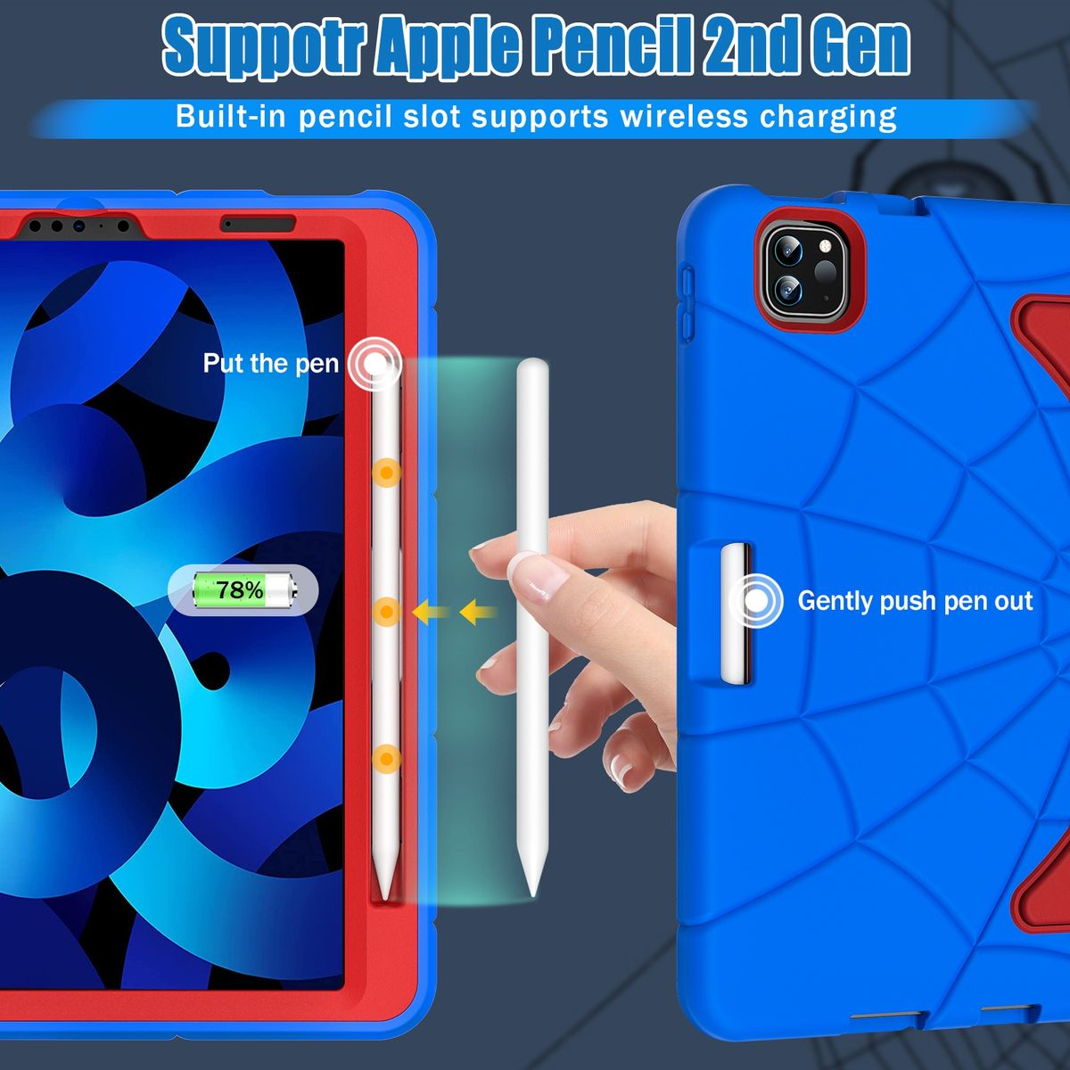 / Blau Outdoor Hybrid Kunststoff Design Tablethülle Rot Hülle Silikon, aufstellbar WIGENTO Backcover Apple Spider für /