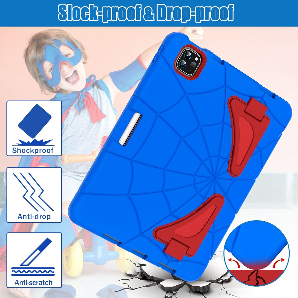 WIGENTO Outdoor Hybrid Hülle Spider aufstellbar Kunststoff Tablethülle Blau Backcover Silikon, / Apple / Rot für Design