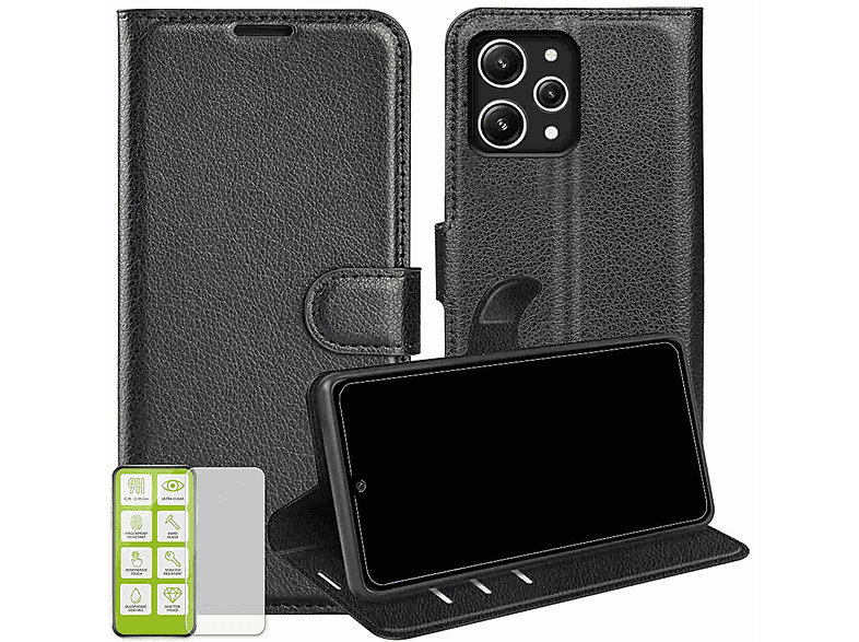 WIGENTO Produktset Book Wallet Backcover, + Redmi Hart Glas Tasche Xiaomi, H9 12, Folie, Schwarz