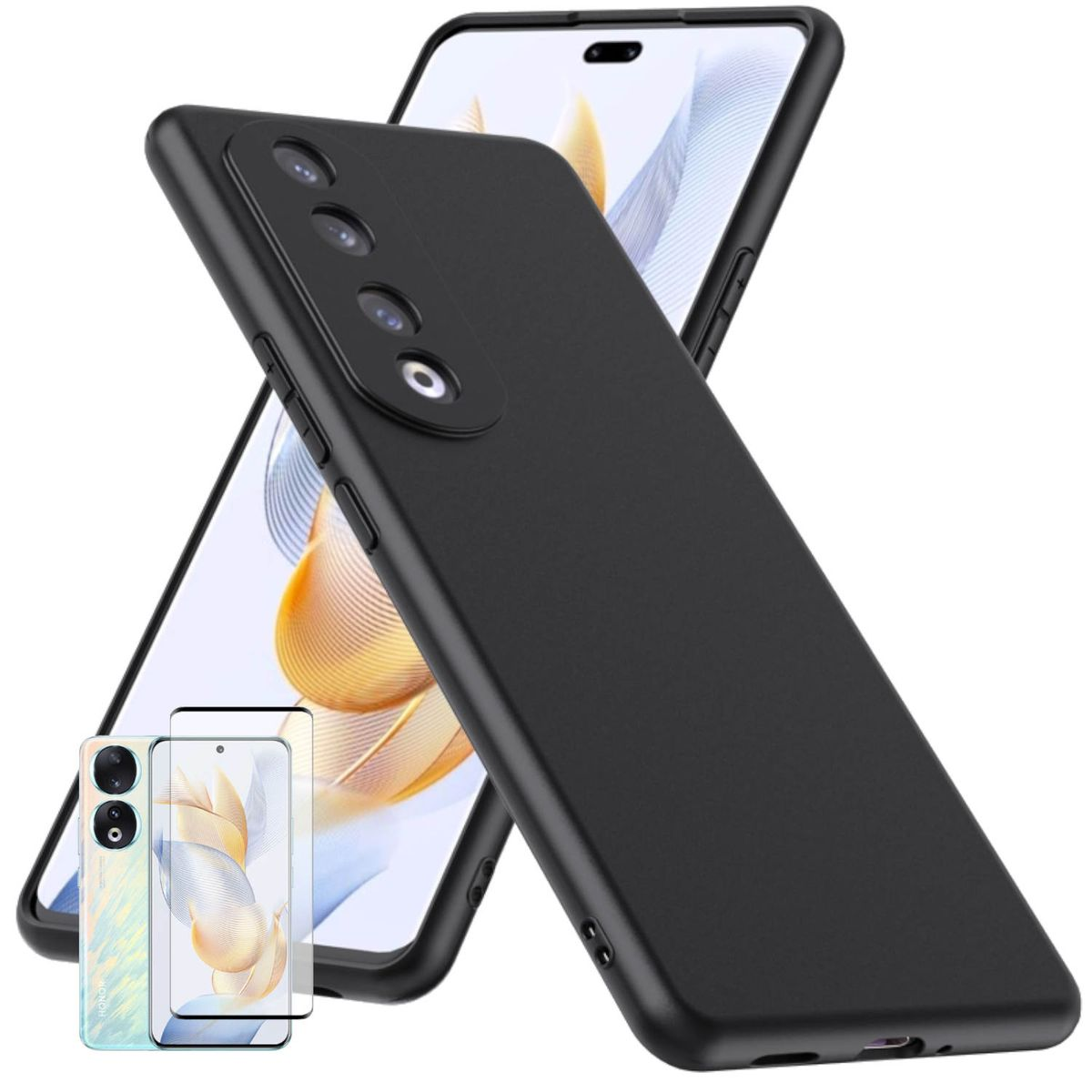 WIGENTO TPU Curved Pro, Schutz 4D Hülle + 90 Schwarz dünn Silikon Schutz Honor, Backcover, Glas, Hart