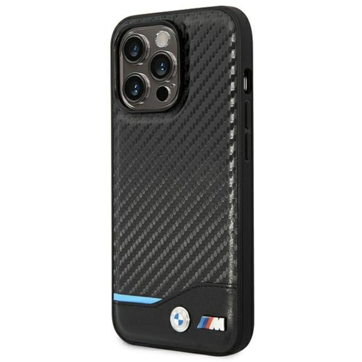 Una custodia per telefono nera e in fibra di carbonio con un logo BMW, vista frontalmente.