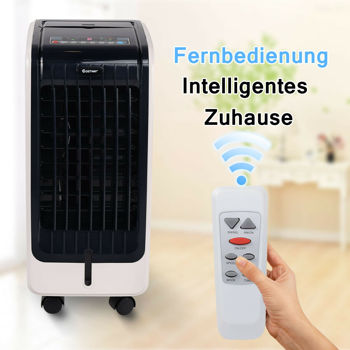 Luftkühler mit Fernbedienung, Text auf Deutsch über Fernbedienung und Zuhause.