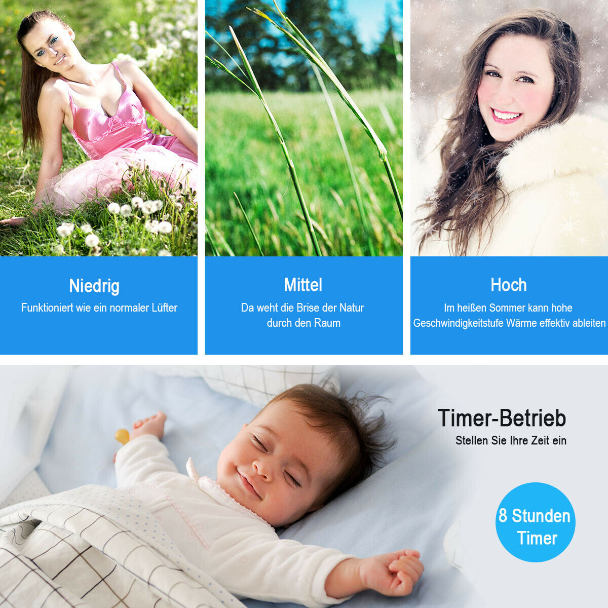 Eine Collage zeigt eine Frau, Gras und ein Baby mit Text über Luftreinigung.