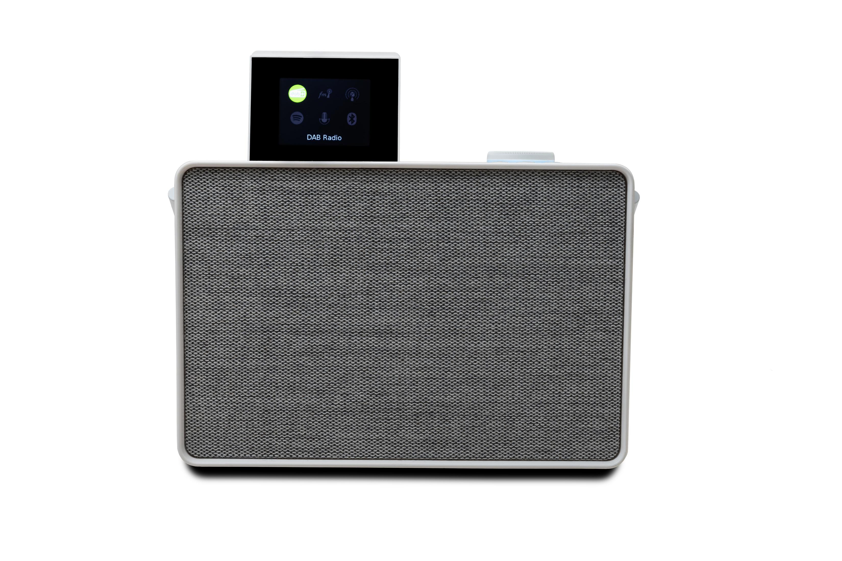 Weißes DAB-Radio mit Bildschirm, Lautsprecher und Knöpfen. Es hat eine graue Lautsprecherabdeckung.