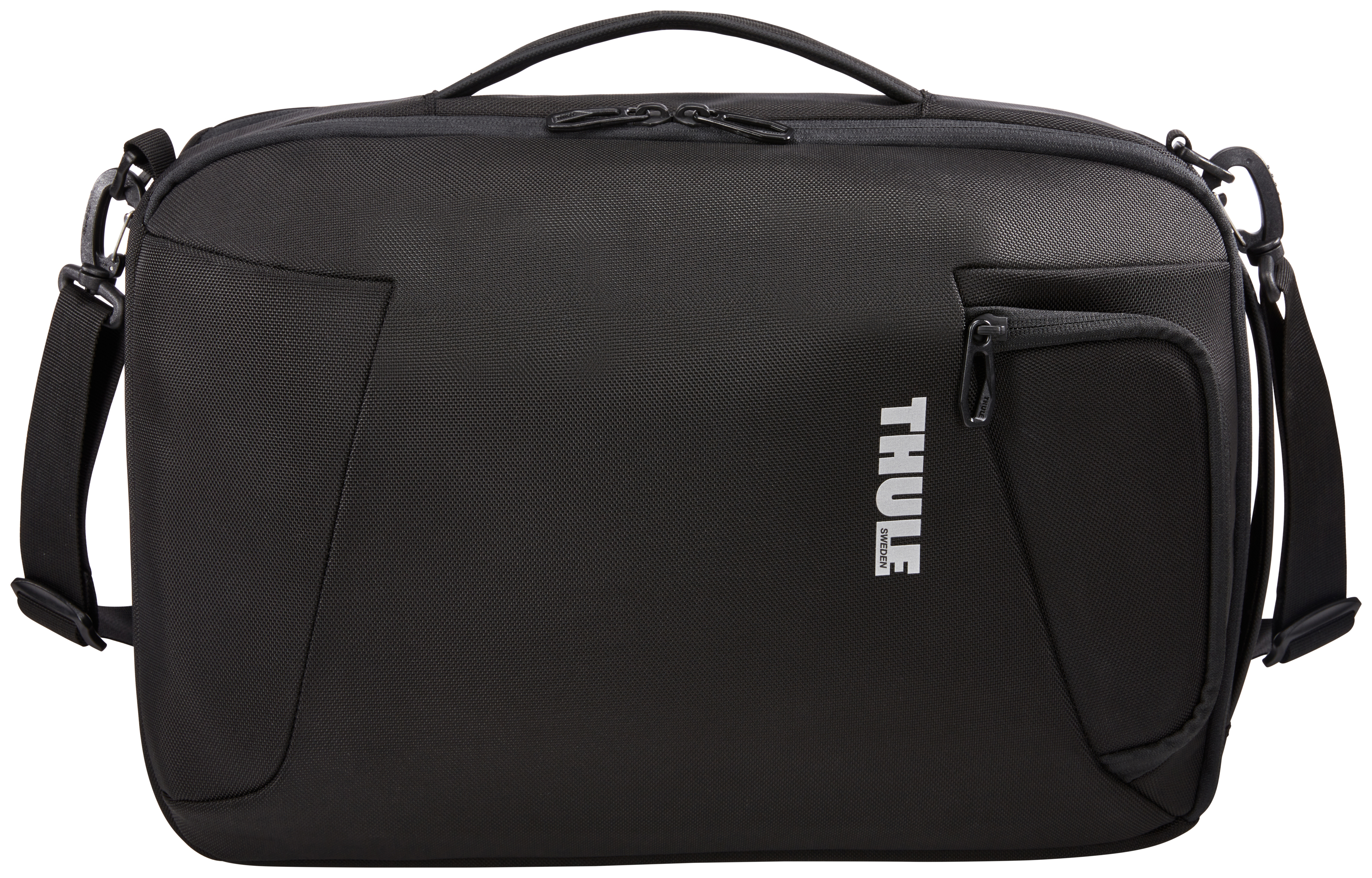 Borsa a tracolla Thule nera con tasca frontale e logo Thule in bianco.