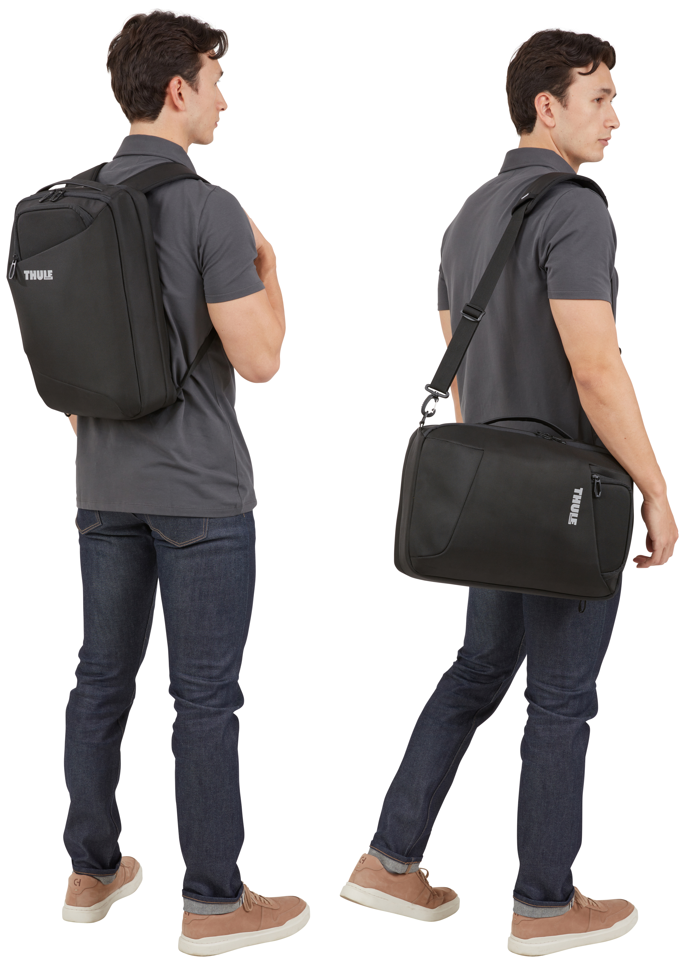 Uomo con camicia grigia e jeans con borsa nera, visto da due angolazioni diverse.