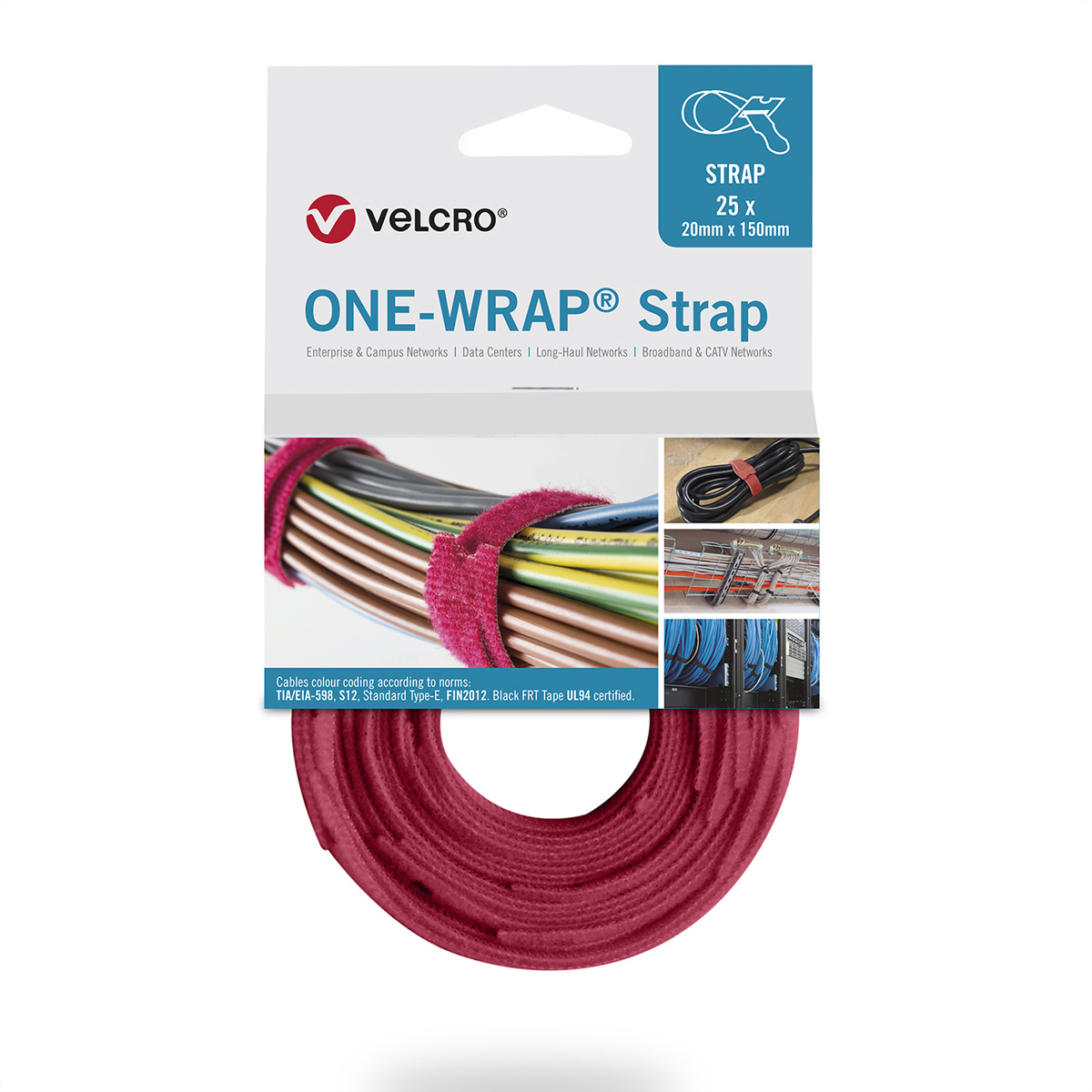 Una cinghia rossa Velcro One-Wrap con un'etichetta di prodotto che mostra la gestione dei cavi.