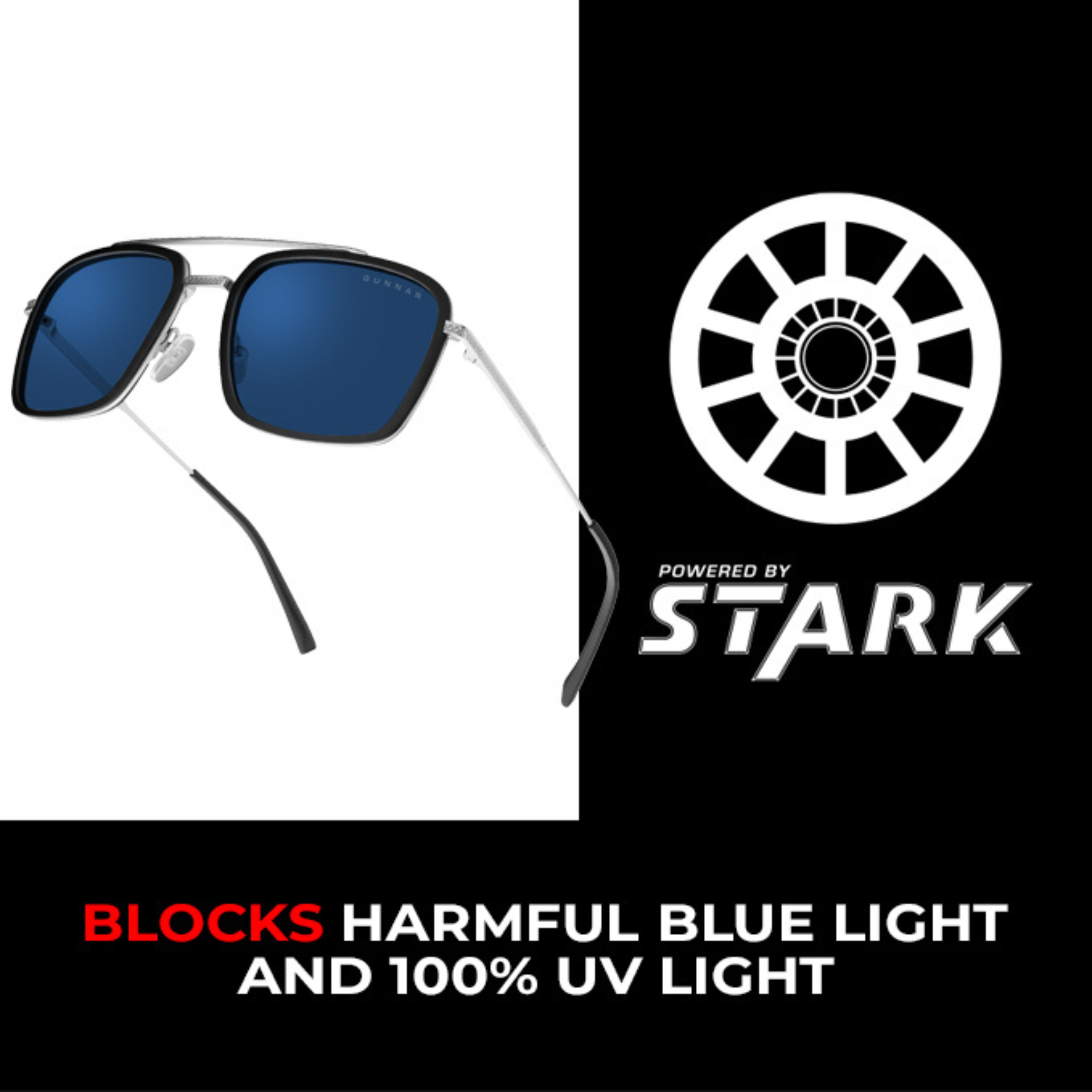 GUNNAR Stark Industries Brille & UV-Licht), Gaming Brille (blockt 100% |Edelstahlrahmen, Sun Edition Blaulicht Tönung 65