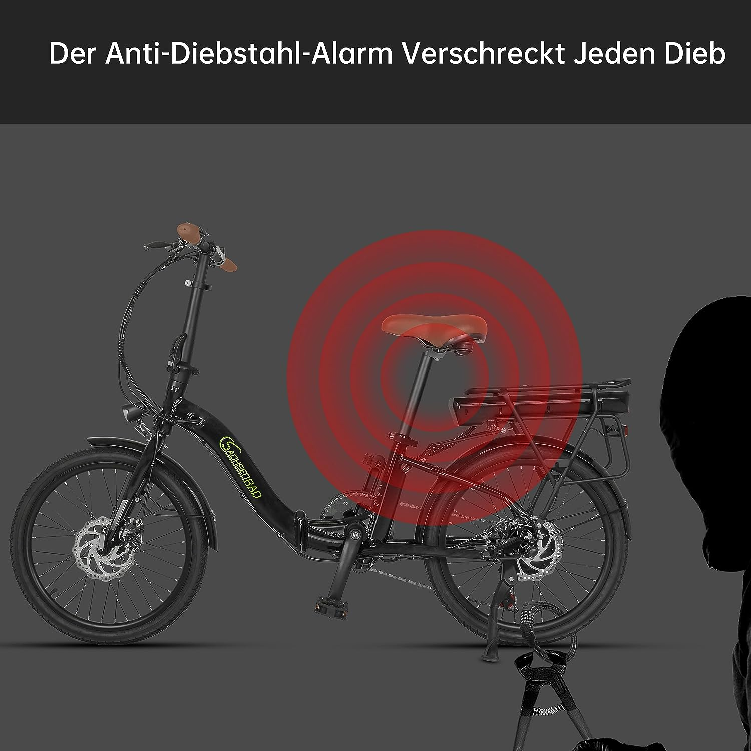 Schwarzes Fahrrad mit roter Sicherheitszone und Silhouette einer Person, die sich nähert.