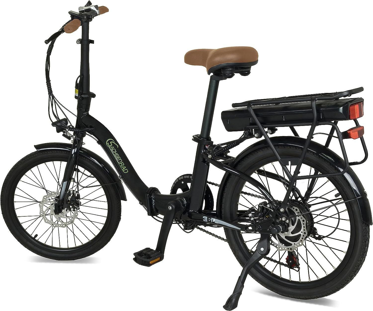 Schwarzes, zusammenklappbares Elektrofahrrad. Brauner Sitz, schwarzer Rahmen und Akku.