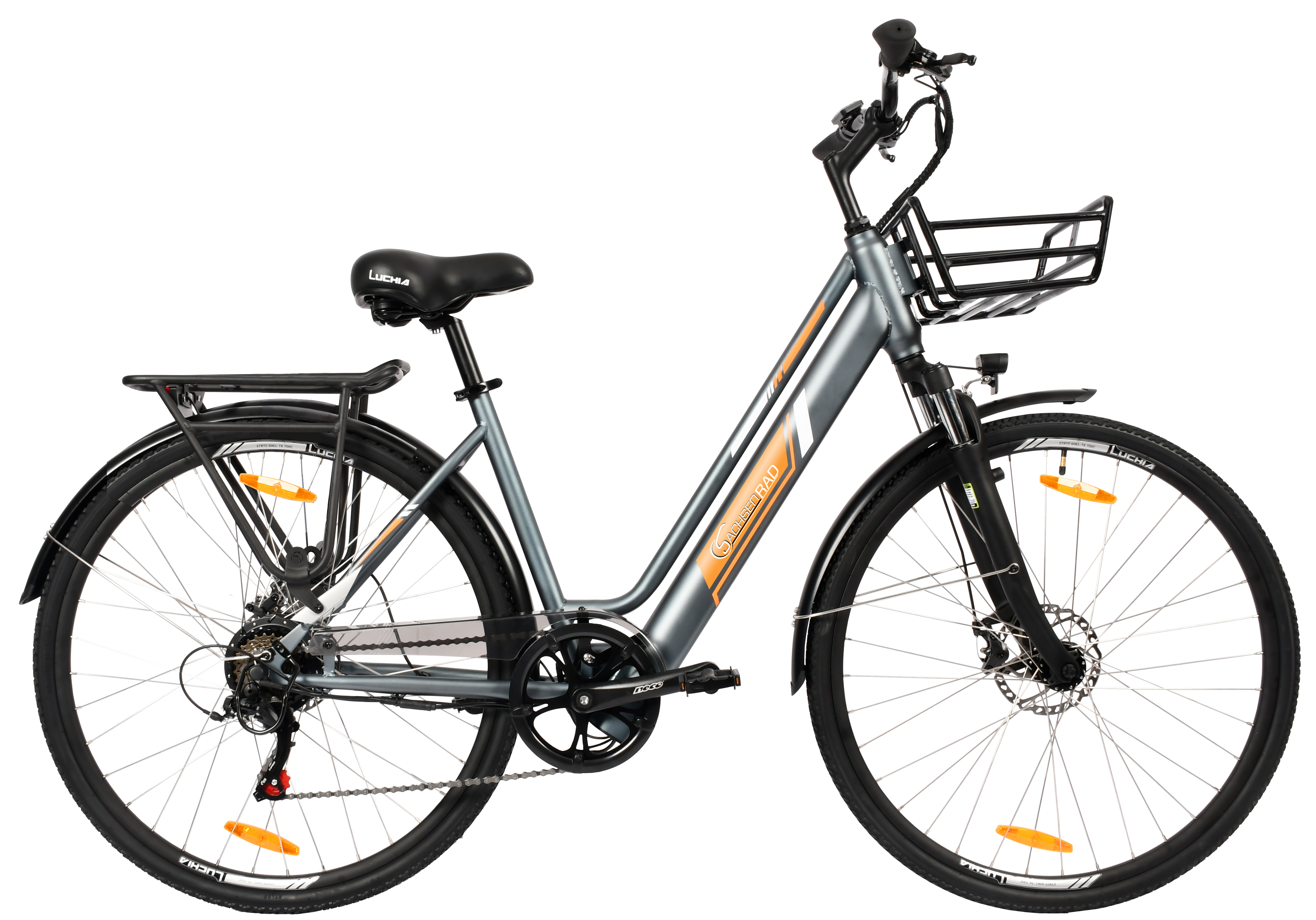 SACHSENRAD C1 NEO Erwachsene-Rad, (Laufradgröße: 100 27,5 E-bike Diebstahlsicherung, und km Grau-orange) Zoll, StVZO Citybike Maximalreichweite mit