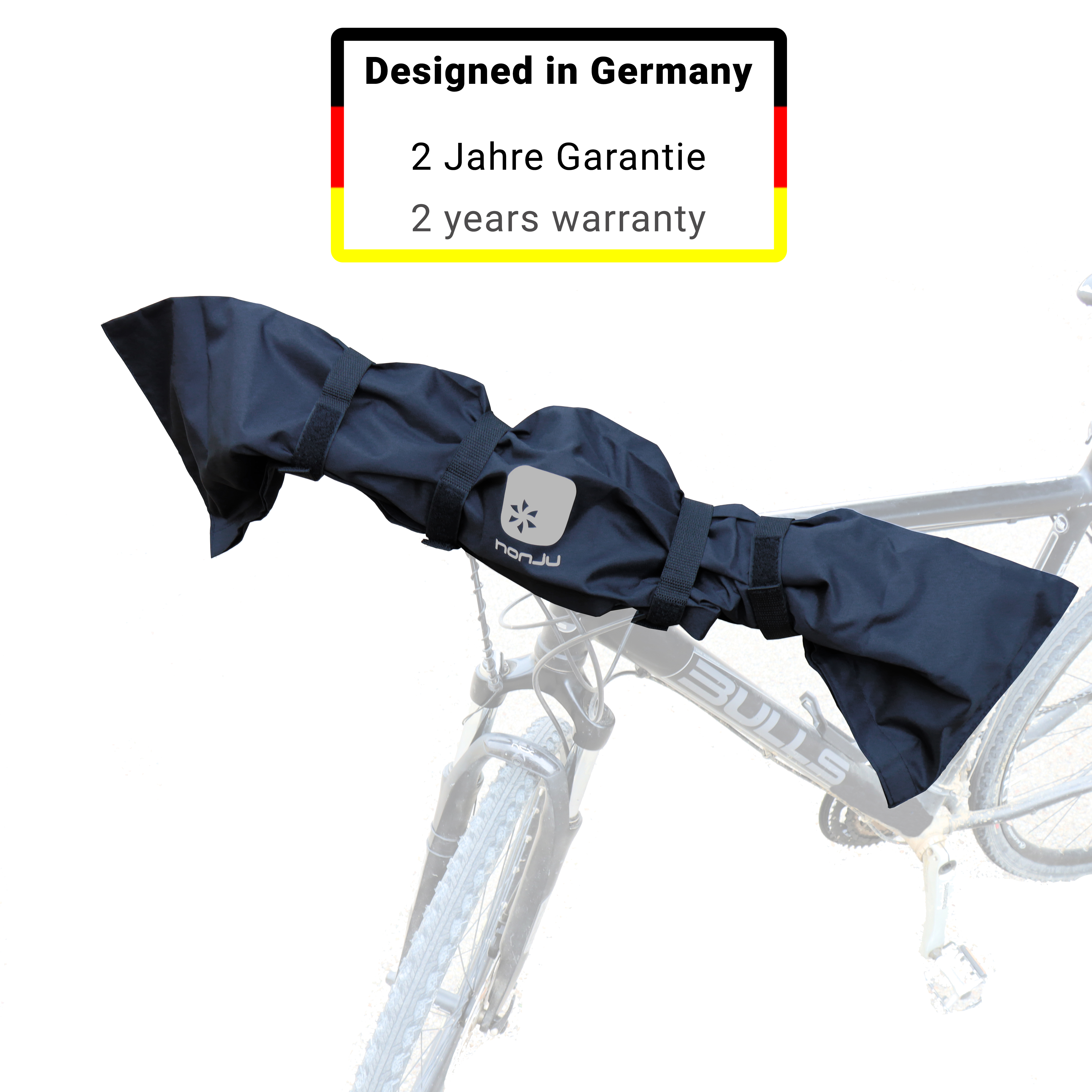 Ein Fahrrad mit einer dunkelblauen Abdeckung über dem Lenker.