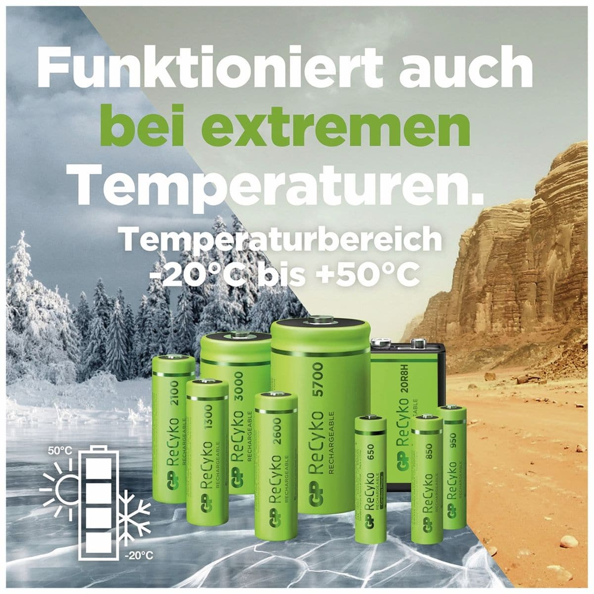 Akkupacks in verschiedenen Größen mit Text auf Deutsch: Funktioniert auch bei extremen Temperaturen.