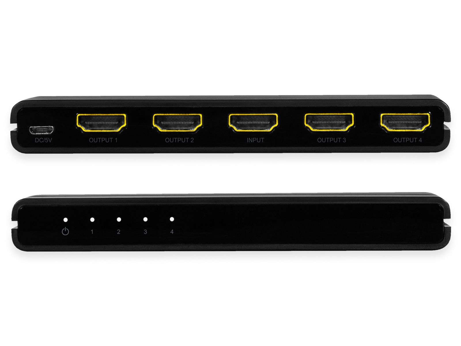 Zwei schwarze HDMI-Splitter-Geräte. Sie haben mehrere HDMI-Anschlüsse und Beschriftungen für Ausgang und Eingang.
