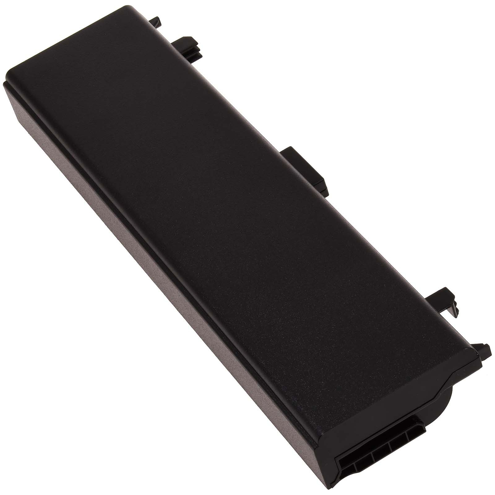 Batería negra de portátil, forma rectangular, con conectores en el extremo.