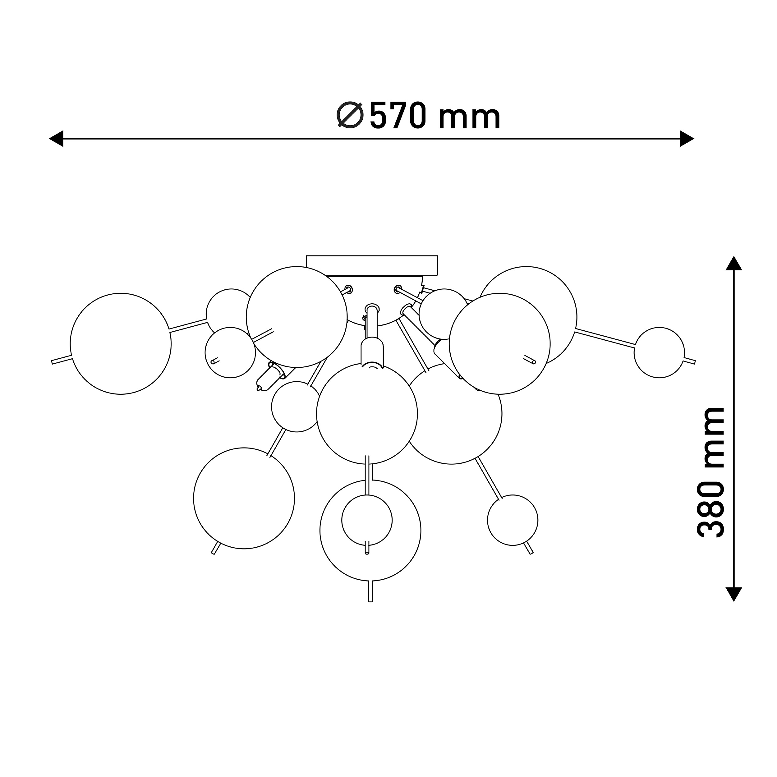 Schwarz-weiße technische Zeichnung eines Kronleuchters. Maße in Millimetern angegeben.