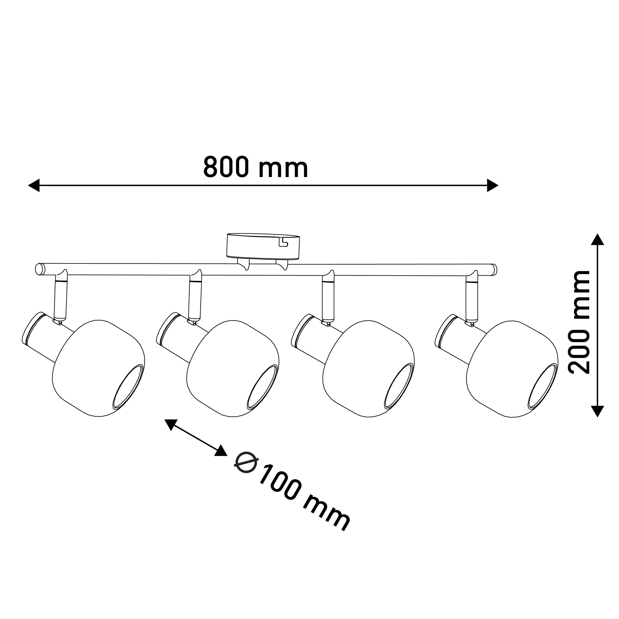 Lineare Leuchte mit vier verstellbaren Strahlern. Maße: 800mm breit, 200mm hoch. Strahler: 100mm Durchmesser.
