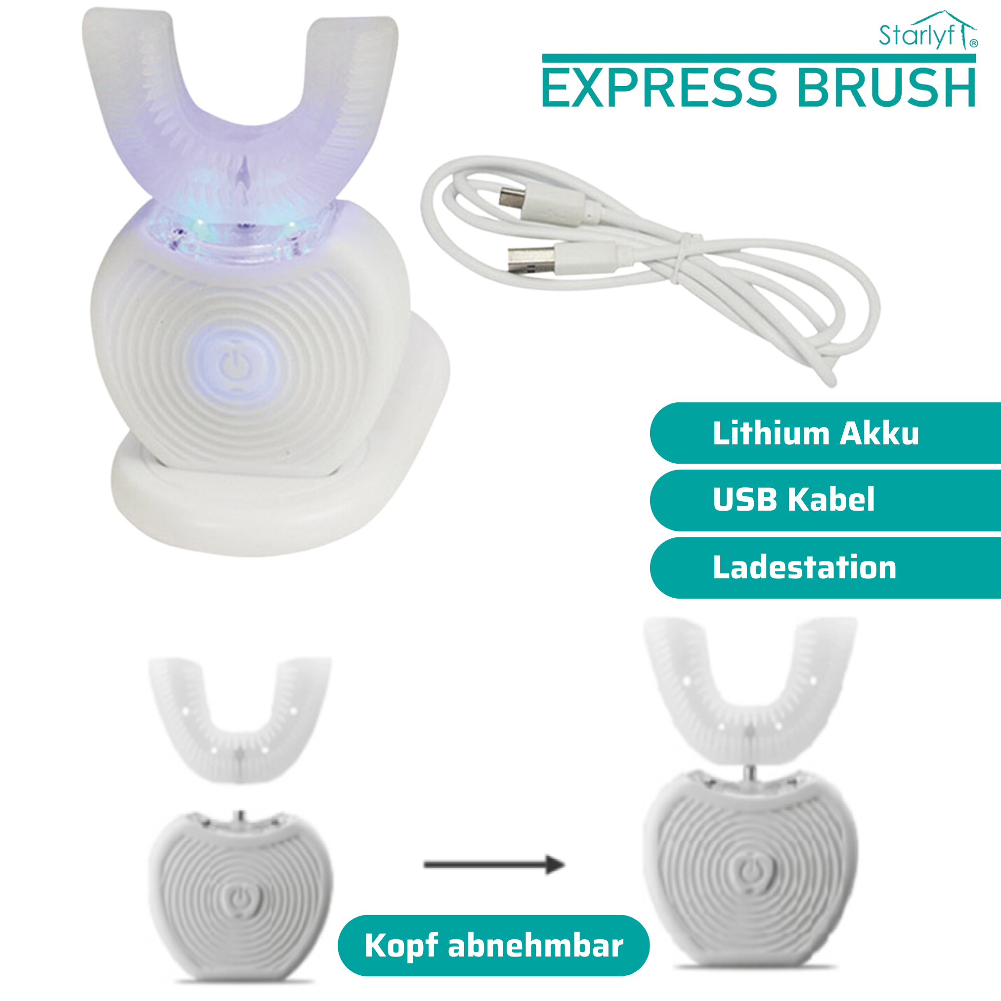 Spazzolino Express bianco con cavo USB, stazione di ricarica e testina intercambiabile.