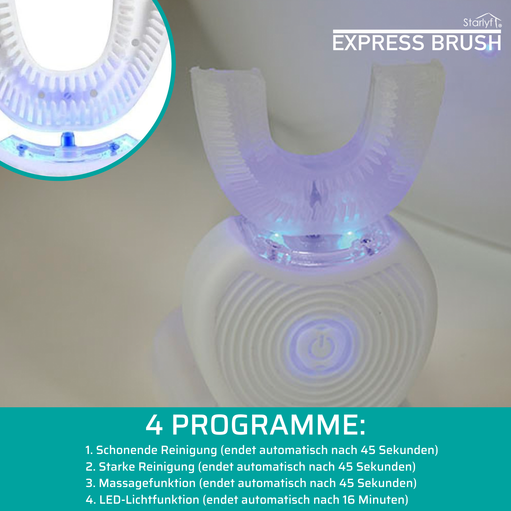 Uno spazzolino da denti bianco e blu con 4 opzioni di programma elencate di seguito.