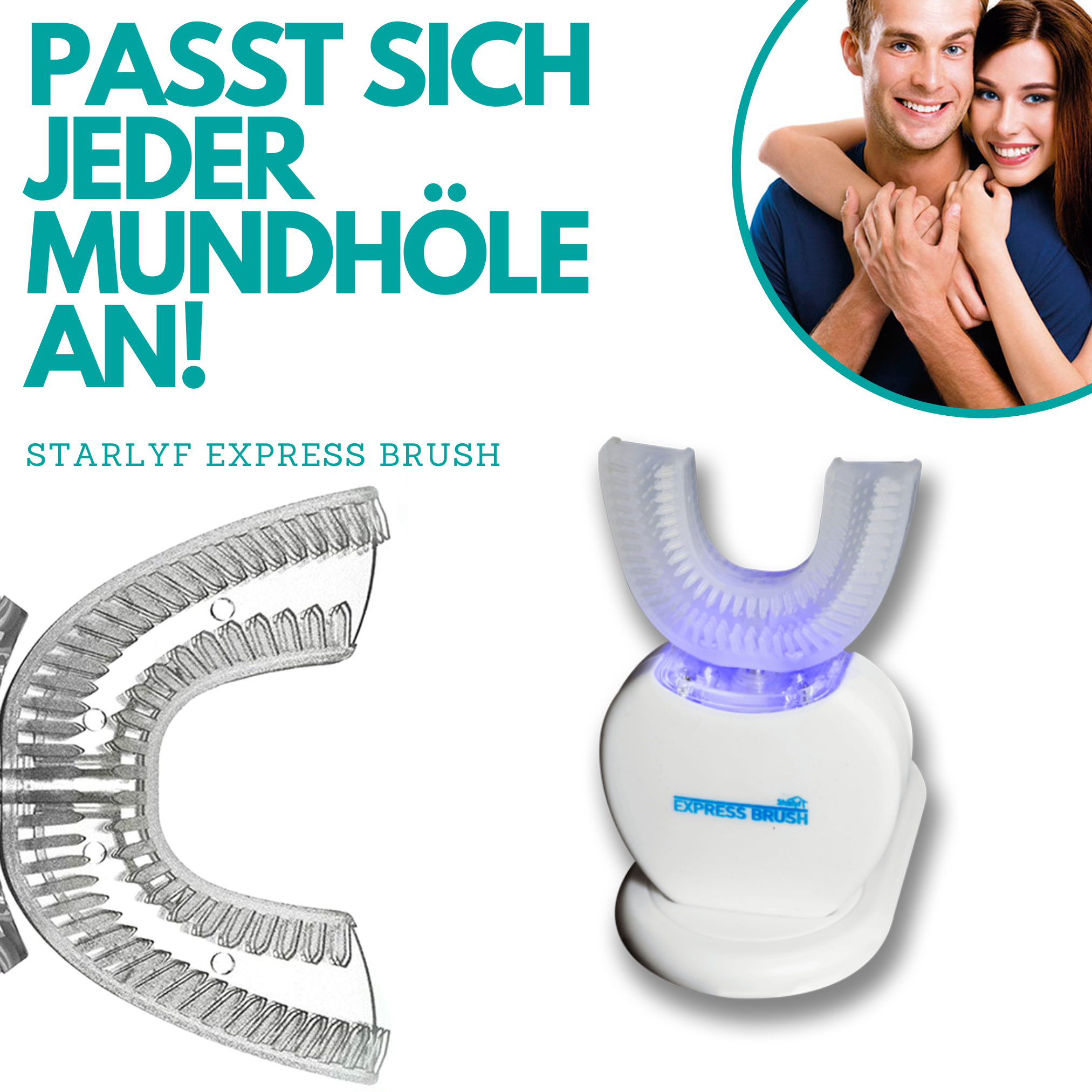 Coppia sorridente con spazzolino a forma di U e testo: 'Si adatta ad ogni bocca'. Sfondo bianco.