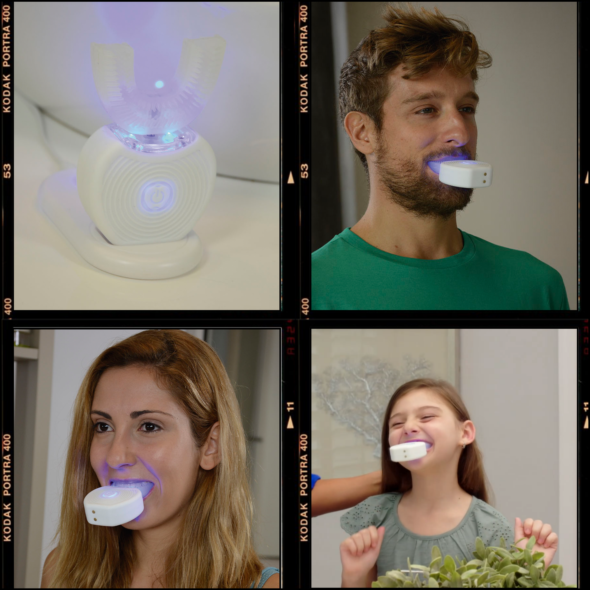 Quattro immagini: uno spazzolino e tre persone che lo usano. Tutti hanno uno spazzolino bianco in bocca.