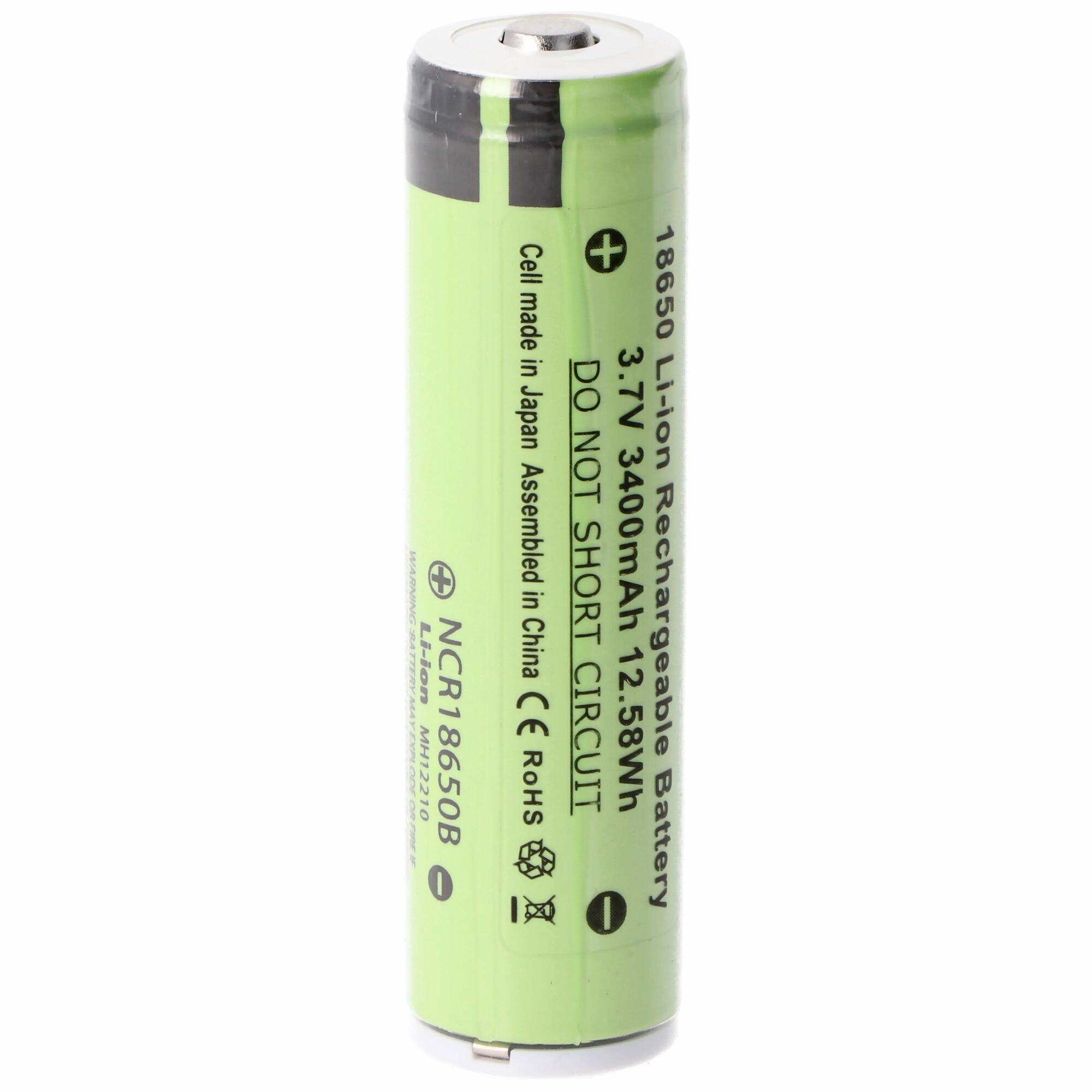 Groene oplaadbare batterij met tekst en markeringen. Positieve en negatieve tekens zijn zichtbaar.