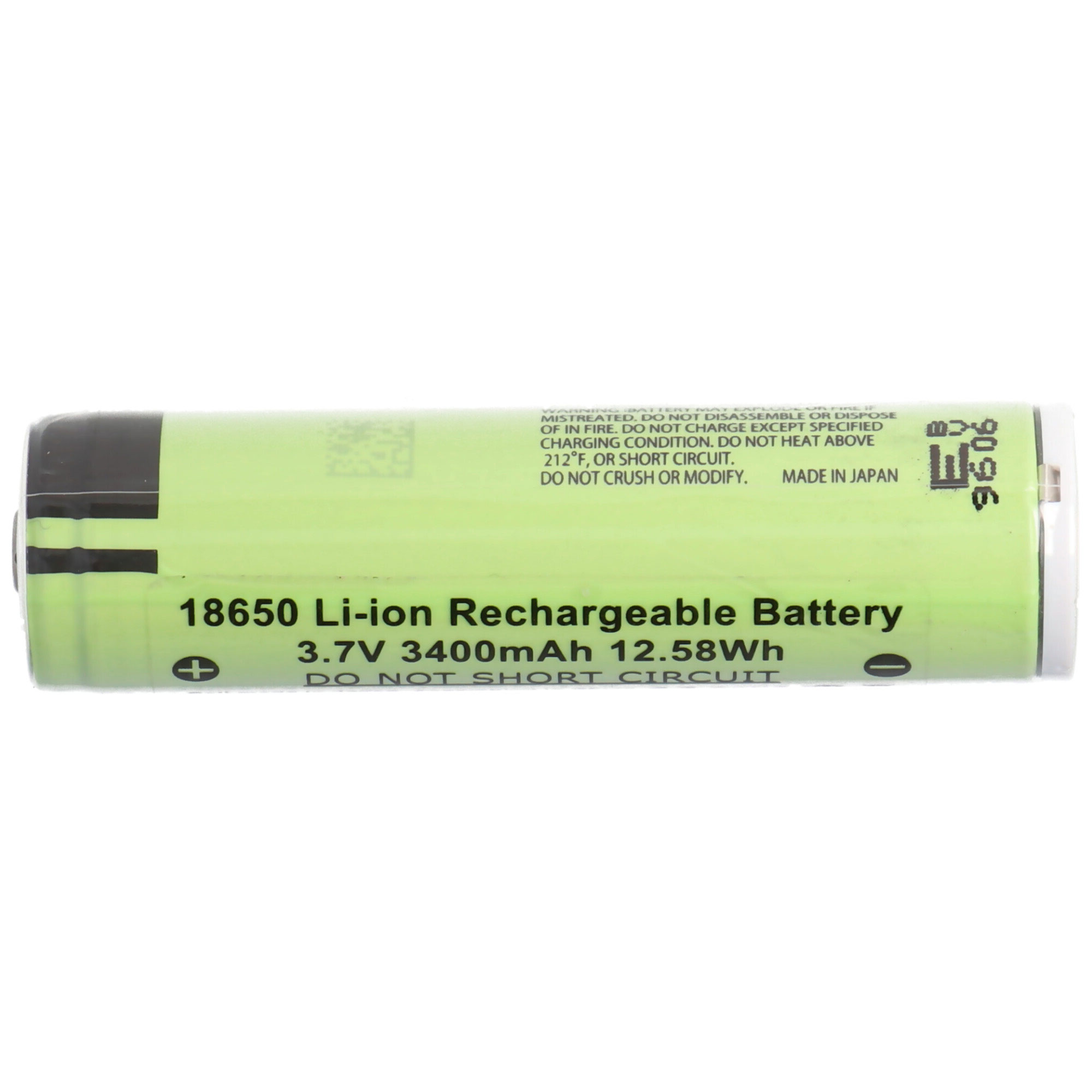 Groene en zwarte cilindrische batterij met tekst, plus- en mintekens. Het is een 18650 Li-ion oplaadbare batterij.