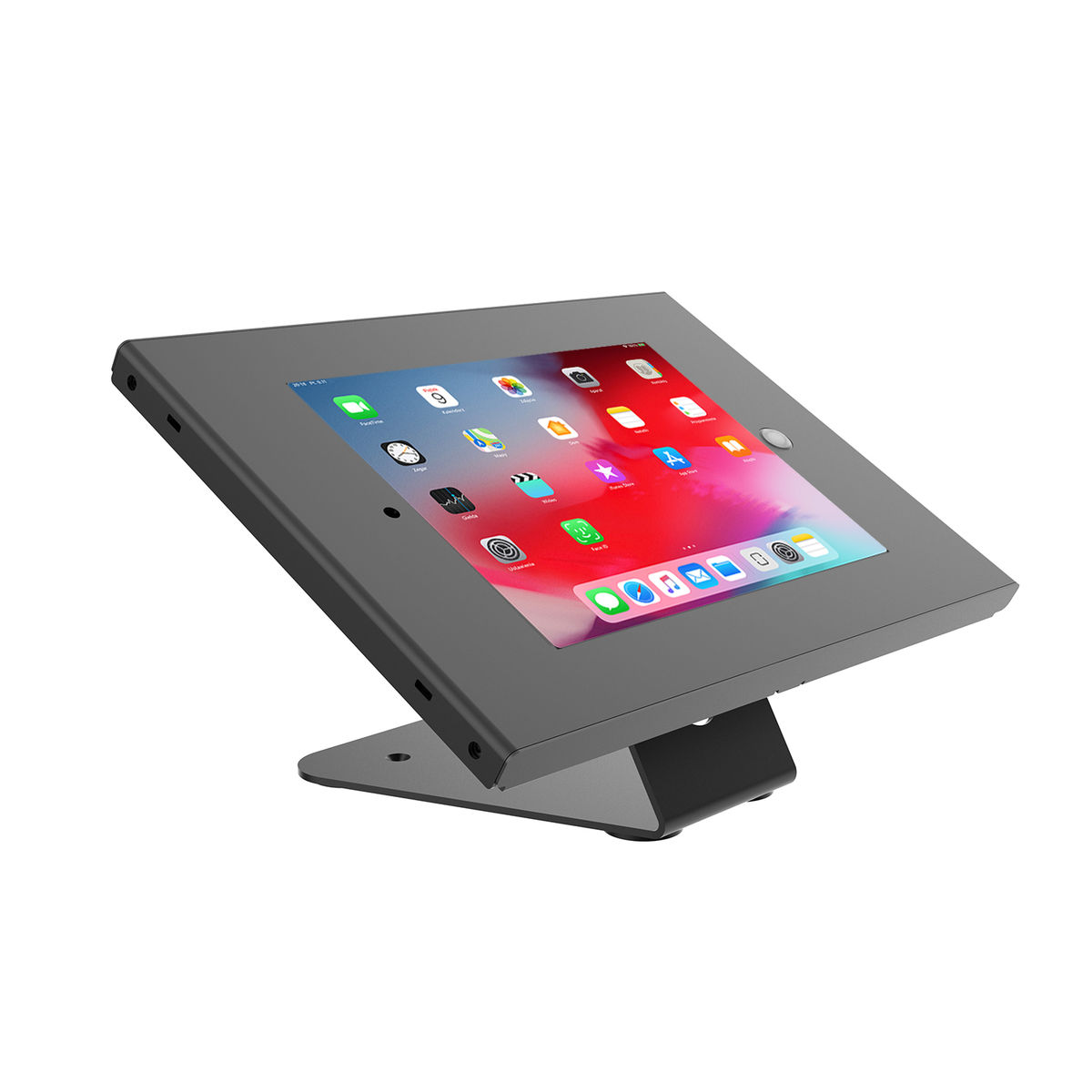 Une tablette dans un support gris, en angle, affichant une interface d'application colorée.