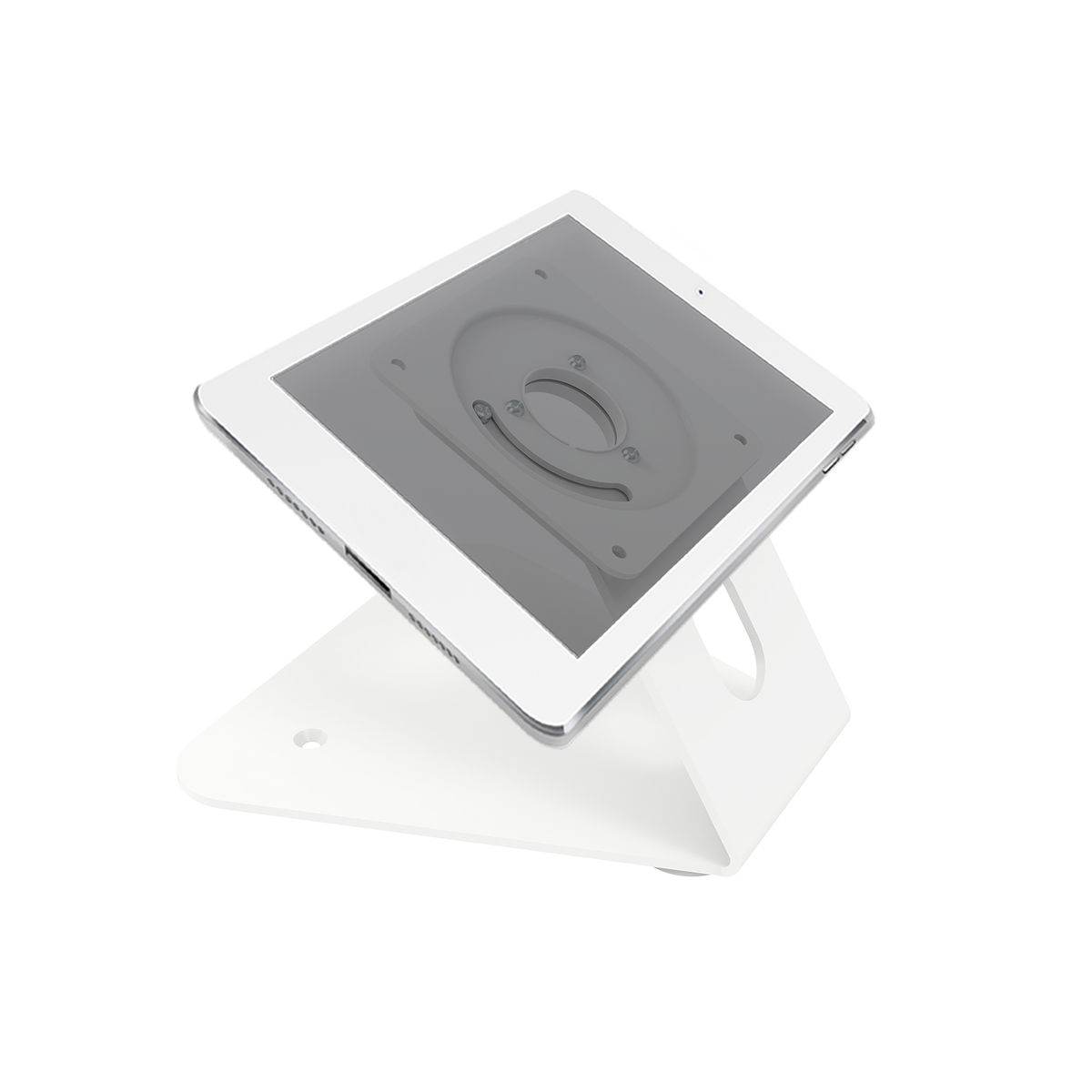Een witte tablet in een witte standaard, omhoog gekanteld, op een witte achtergrond.